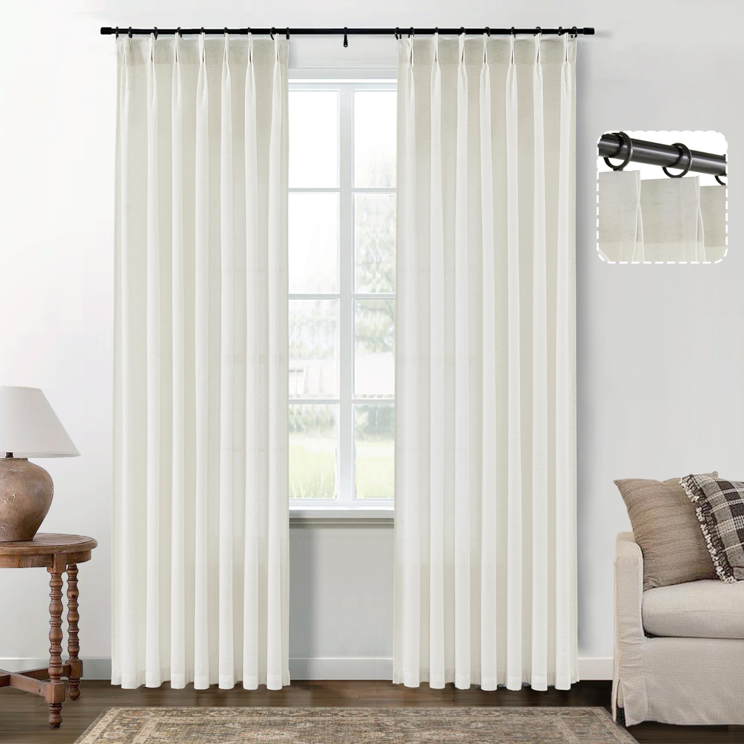SHINELAND Sliding Door Curtains for Patio,100 Inch Long Linen Extra Wide Window Light Filtering Semi Sheer Double Pinch Pleated Custom Curtains for Sliding Glass Doors Sunroom 2 Panels Set