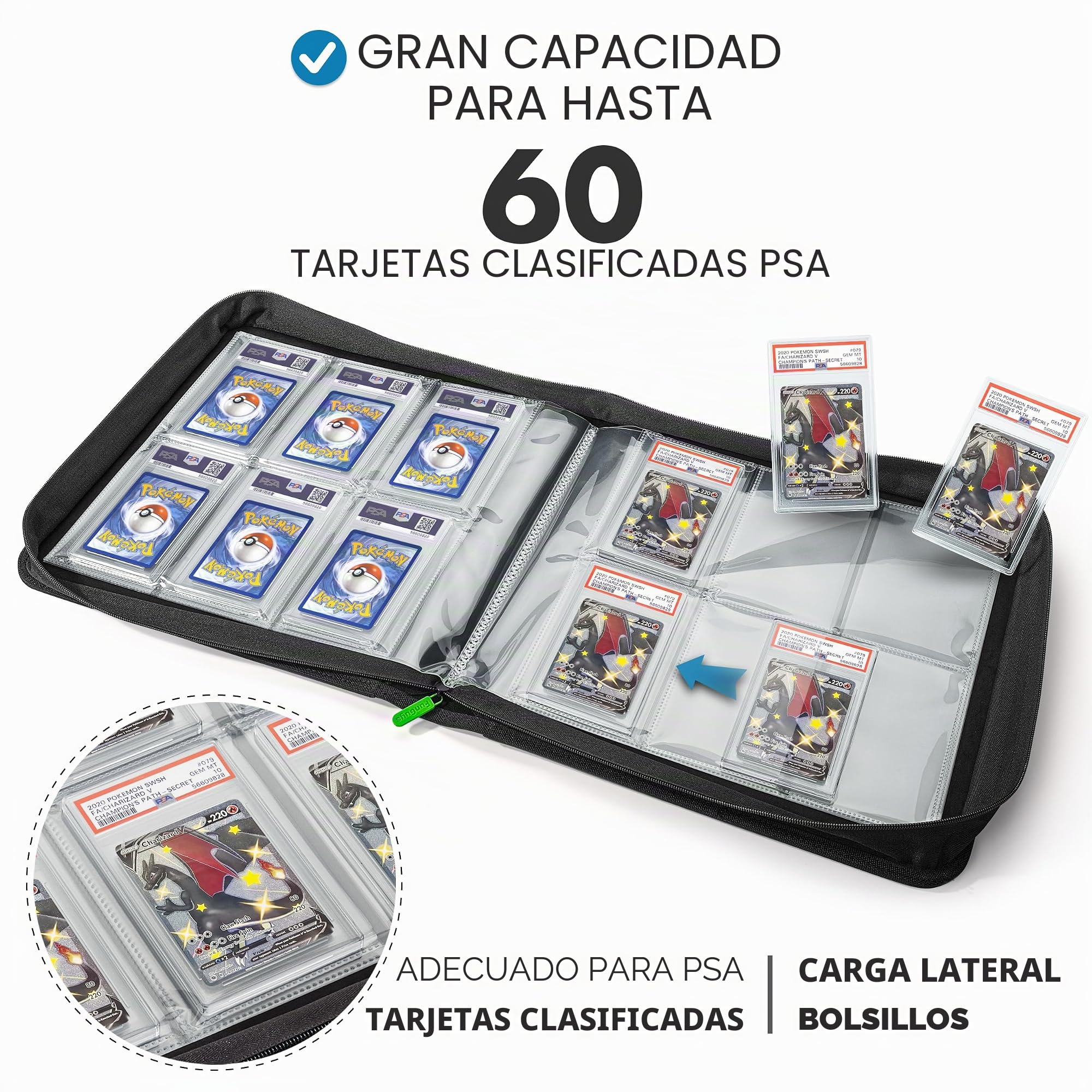 Carpeta de tarjetas graduadas, soporte de losa de 60 PSA, almacenamiento de tarjetas graduadas de 6 bolsillos, carpeta de losa, álbum de vitrina graduada de tarjetas PSA, carpeta de cremallera,