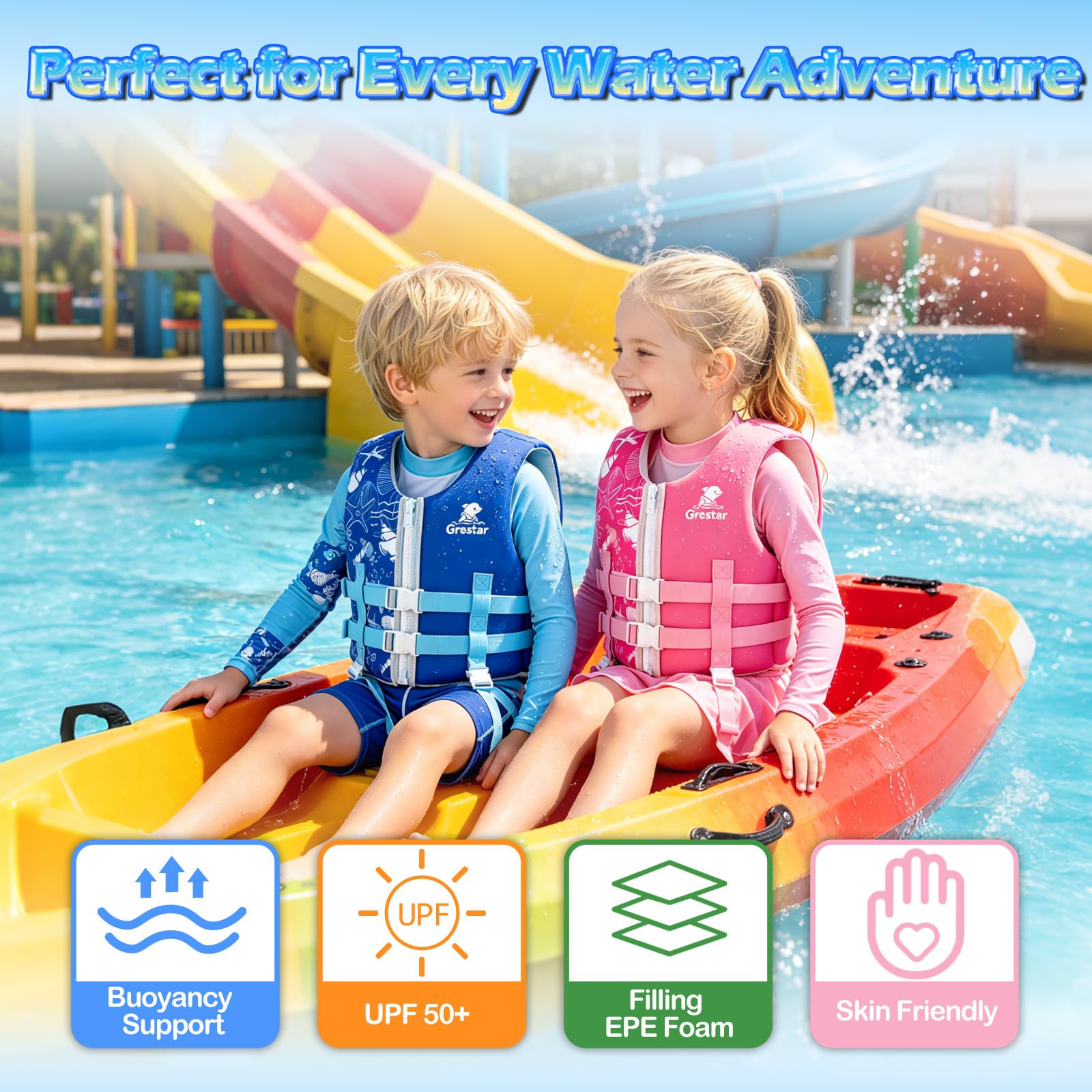 Chaleco Flotador Infantil con Correa Ajustable, Grestar Chaleco Piscina Bebe, Chaleco de Natación de Neopreno para Niños y Niñas de 2 a 9 Años / 15-35 kg