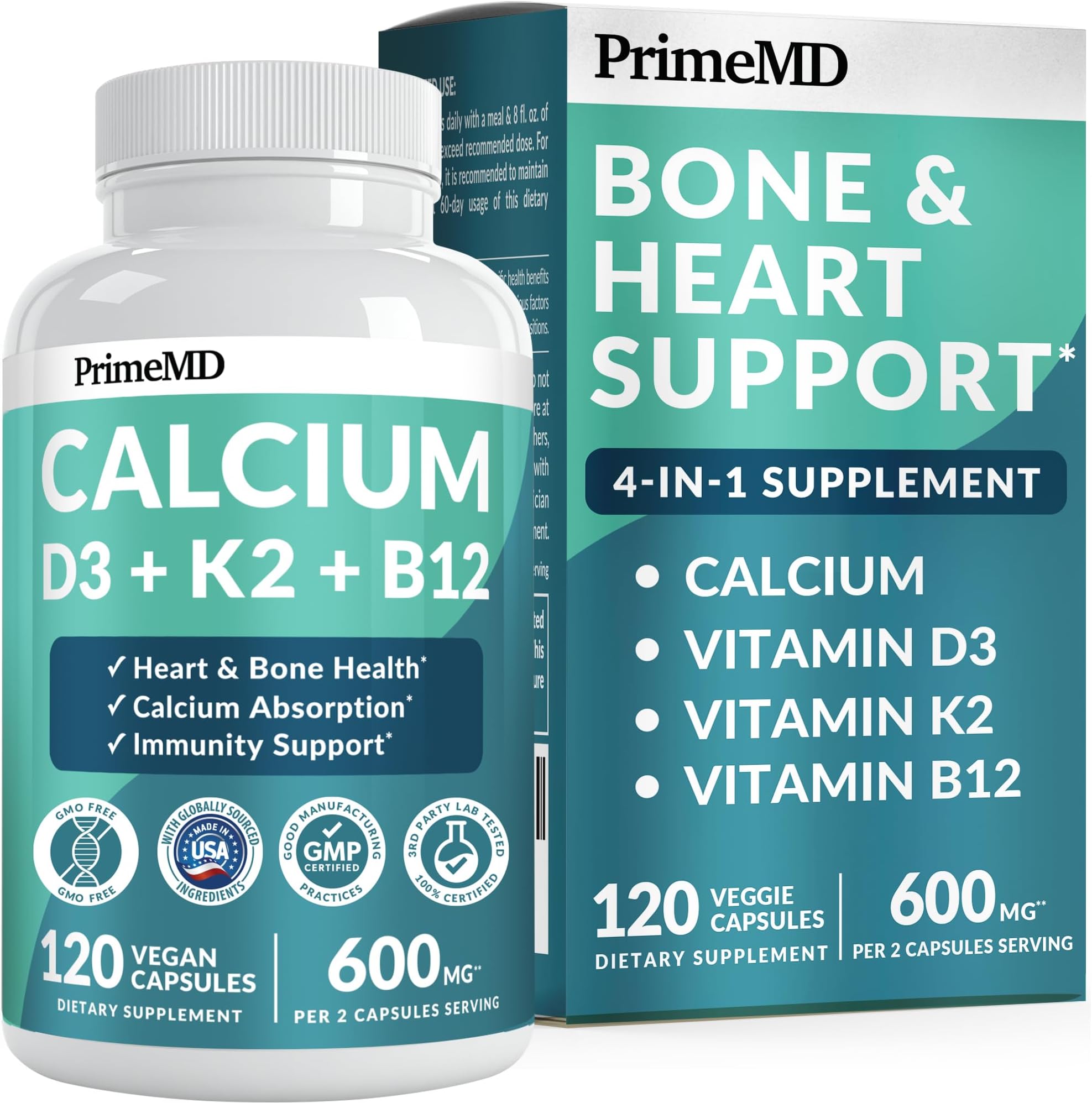4-in-1 Calcium 600 mg with Vitamin D3 5000 IU K2 + B12 - Bone Strength Supplement - Heart & Bone Health Complex - Calcium Supplement for Women & Men, Vegan Vitamin D3 K2 & B12 (120 Capsules)