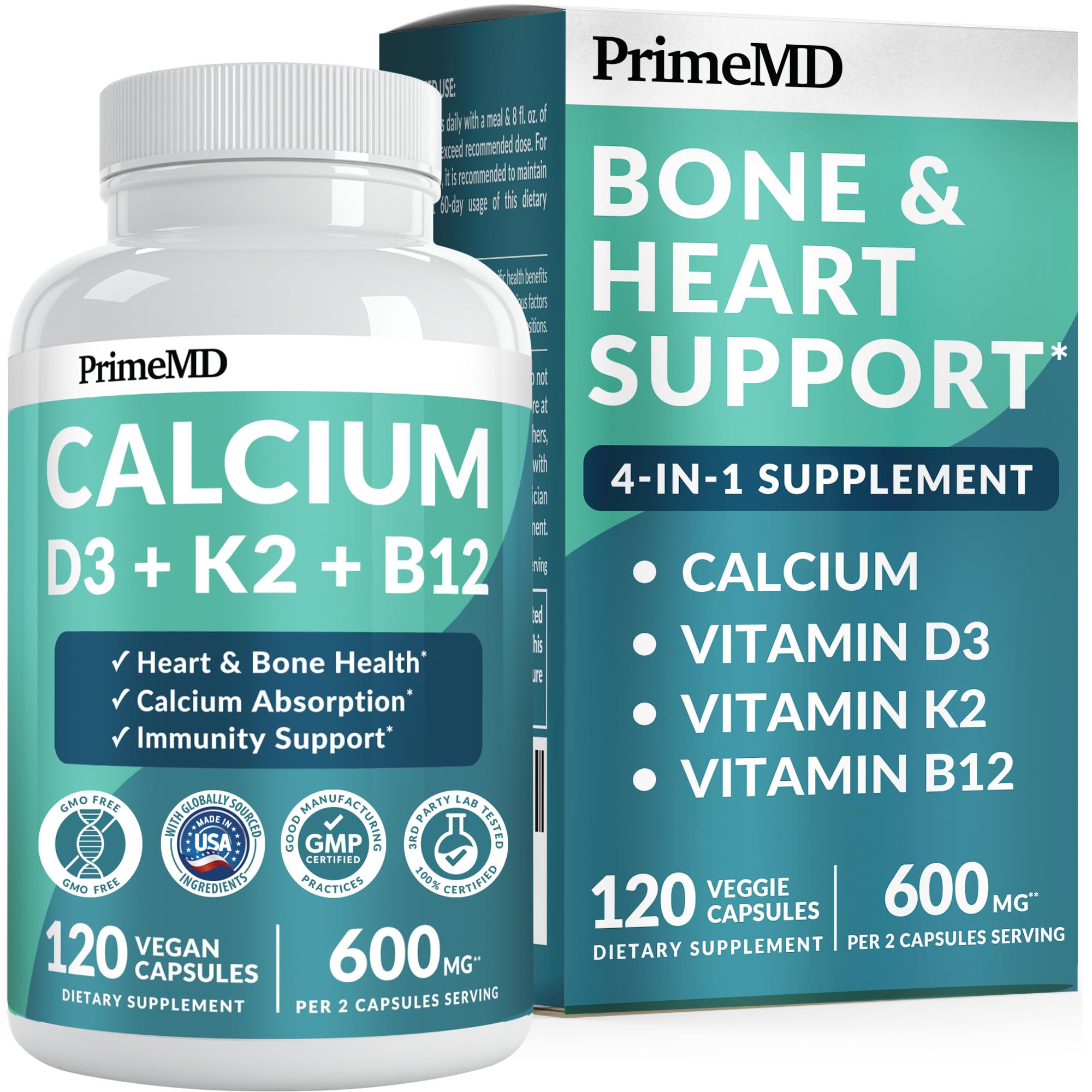 PrimeMD 4-in-1 Calcium 600 mg with Vitamin D3 5000 IU K2 + B12 - Bone Strength Supplement - Heart & Bone Health Complex - Calcium Supplement for Women & Men, Vegan Vitamin D3 K2 & B12 (120 Capsules)