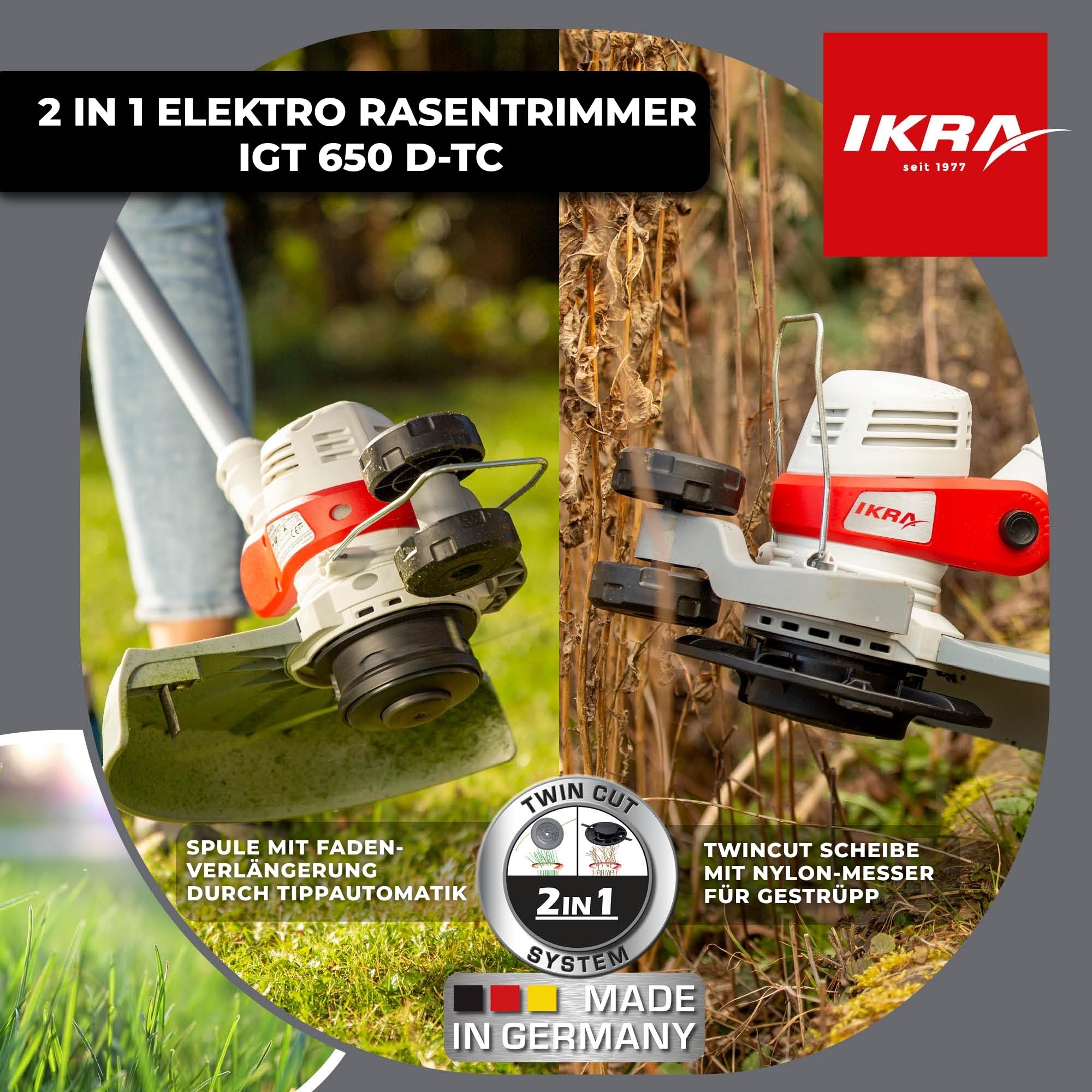 IKRA 2in1 Elektro Rasentrimmer IGT 650 D-TC, 650W, Schnittbreite 30cm