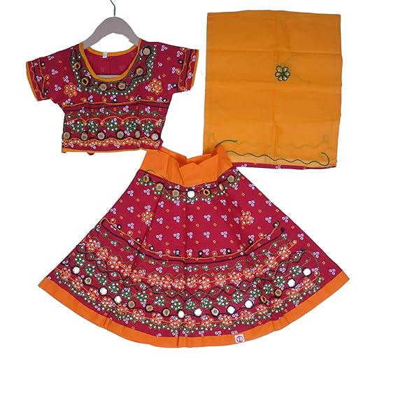 Baby Girl's Cotton Readymade Navratri Dandiya Garba Dress Lehenga Choli with Dupatta Set of 3 Costume Ethnic Wear Dress Girls Chania Choli Set/Traditional Dress(12 Year, Red)