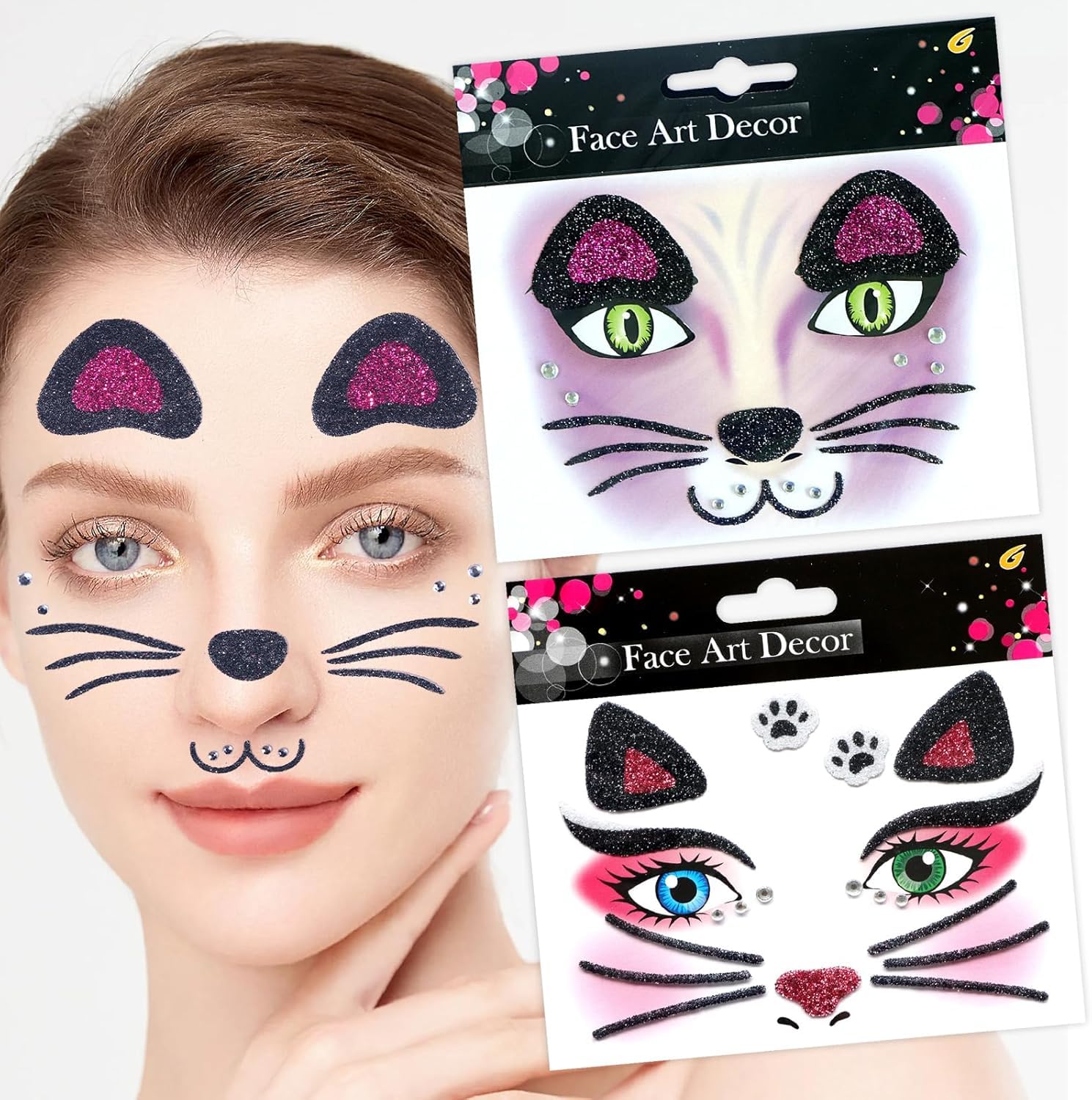 2 Stück Face Art Aticker, Halloween Tattoo Gesicht Karneval, Temporäre Gesichtstattoo, Glitzer Gesicht Aufkleber, Temporäres Tattoo für Halloween, Karneval, Fasching, Maskerade, Motto Partys (O)