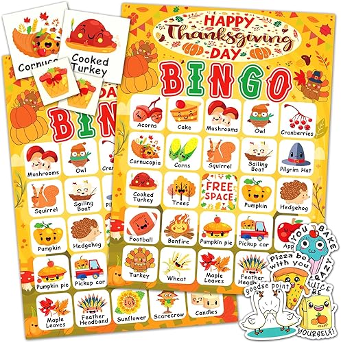 Tarjetas de bingo de Acción de Gracias, 24 jugadores, lindo juego de bingo de Acción de Gracias para niños y adultos, suministros de juegos de