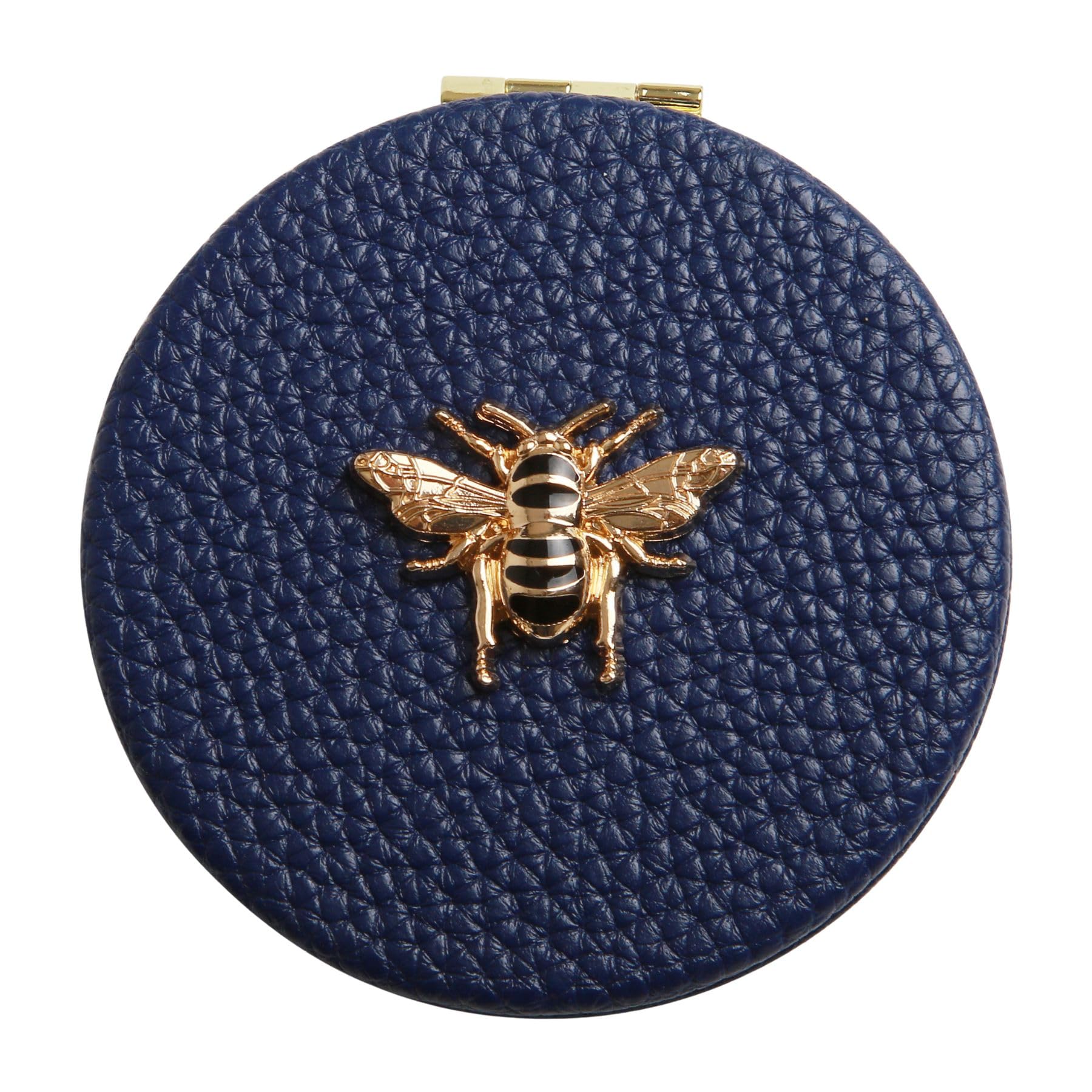 Alice Wheeler London Bee Compact Mirror for Women, Vegan Leather Purse Mirror, Double Sided Makeup Mirror with 3x Magnification, Travel Cosmetic Mirror, Gift Box, 7cm (Navy)