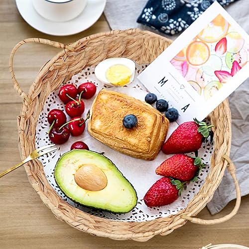 Miniatura 6 de JLKIMZVO Bandeja redonda de jacinto de agua natural con asas, bandeja de frutas tejida por hierba, bandejas de ratán para verduras, bandeja de