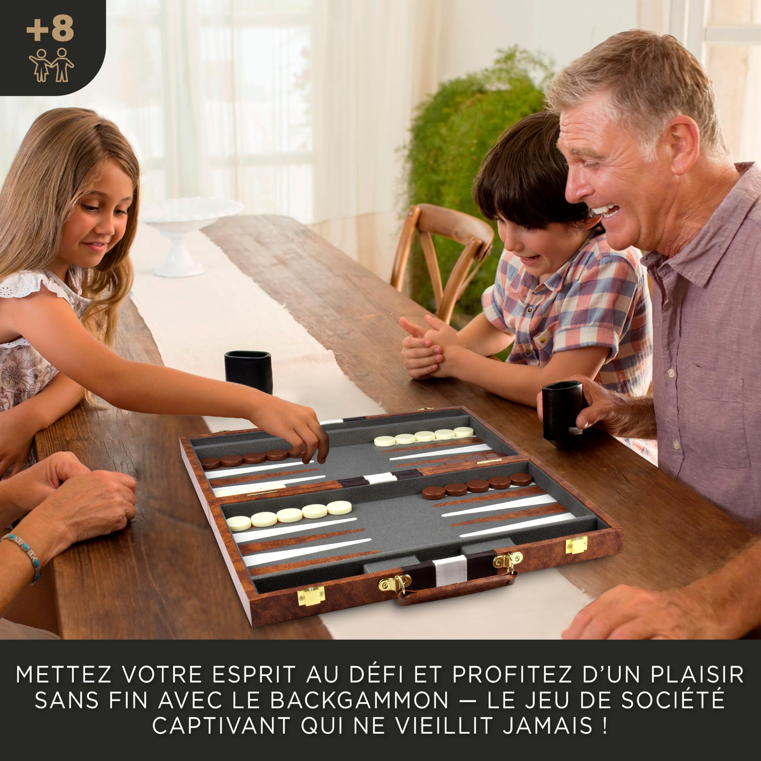 Grand Jeu De Backgammon pour Adultes - Jeux De Société Classiques pour 2 Joueurs Adultes Et Enfants - Jeu De Backgammon Premium avec Plateau 38 Cm Et 32 Pions dans Étui en Cuir PU De Qualité
