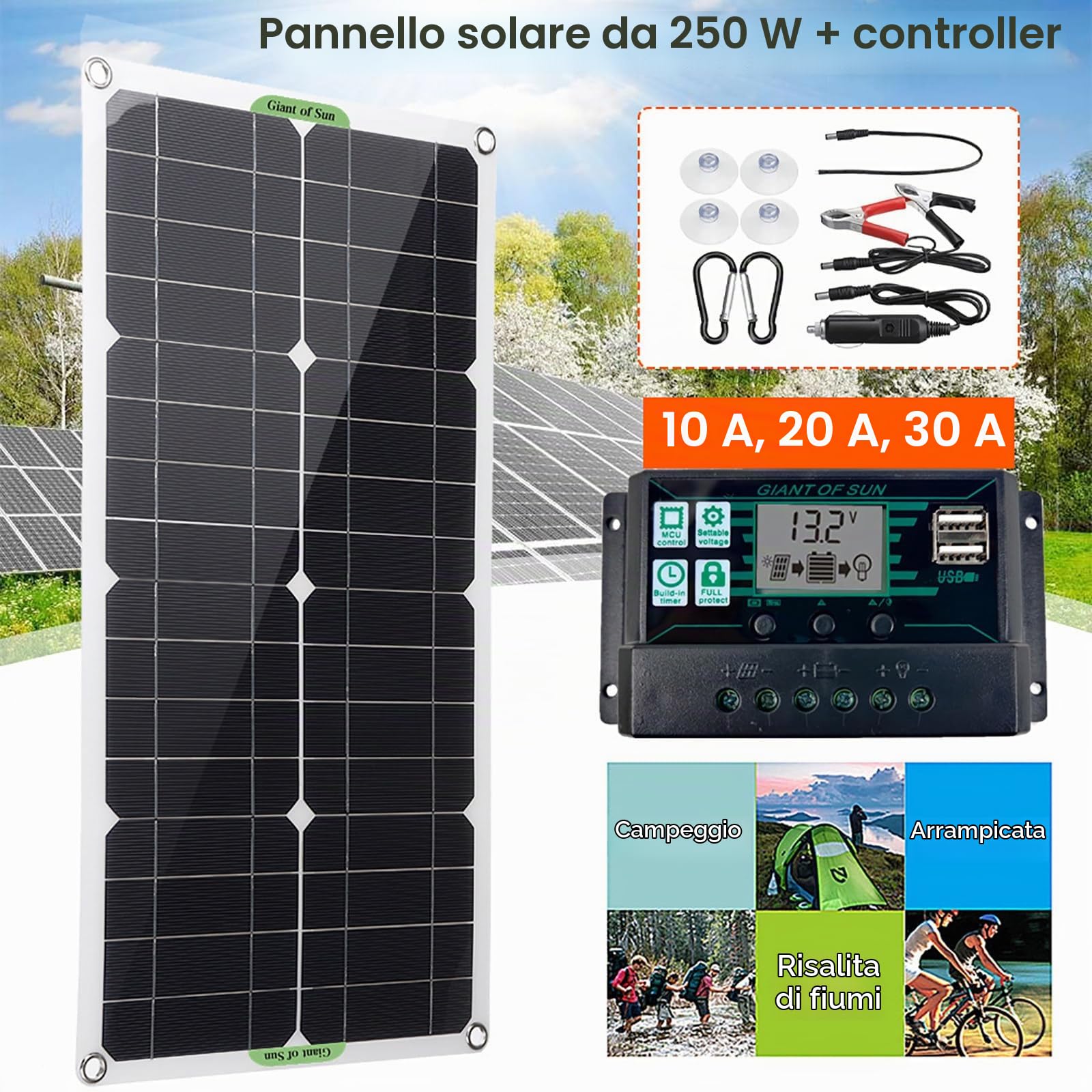 Pannello Solare Monocristallino Portatile da 250w 500w con Controller 10a/20a/30a, Doppia USB, può Essere Utilizzato per La Ricarica della Batteria 12v/24v,500W-30Acontroller