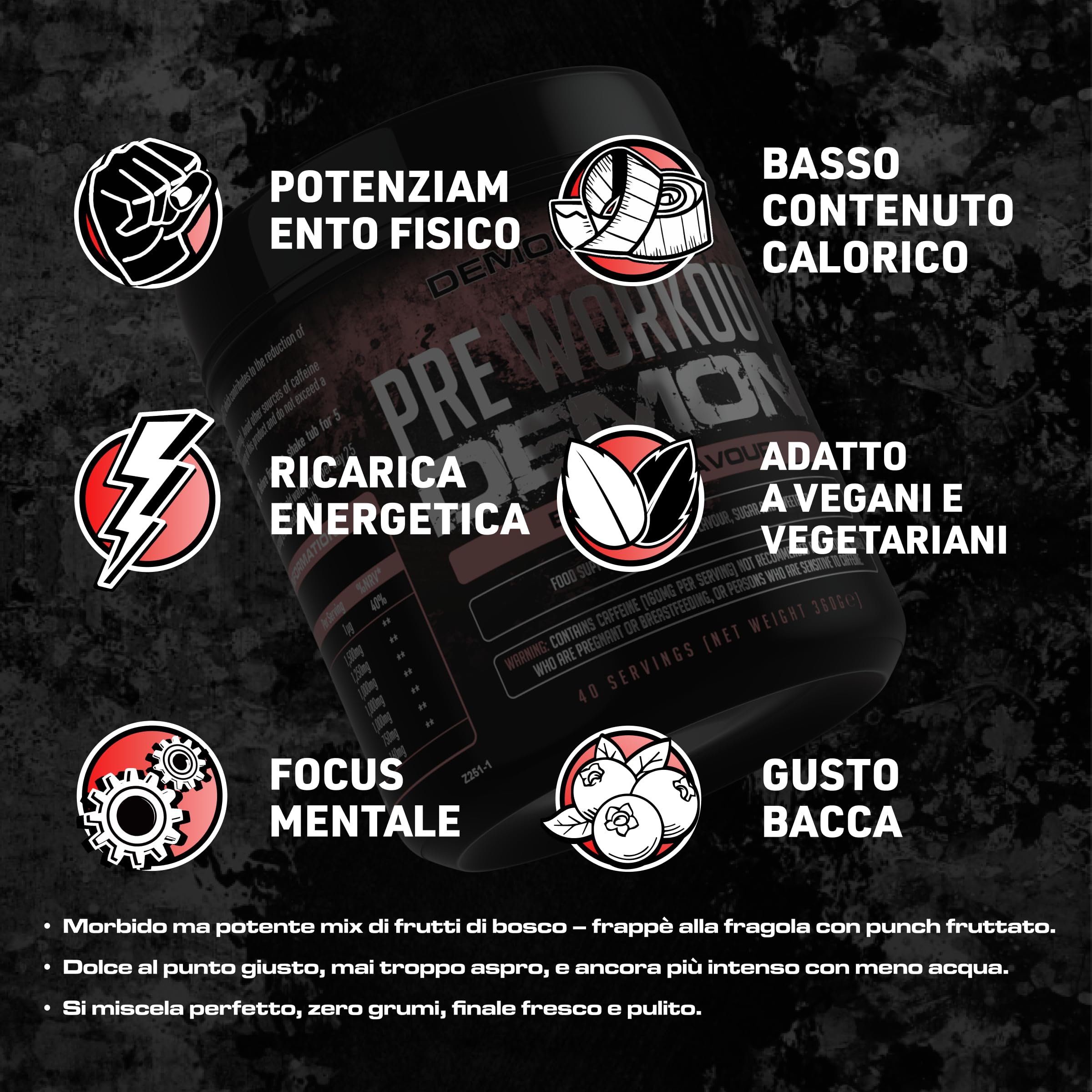 Pre Workout Demon Frutti di Bosco - Potente con Creatina, Caffeina e Beta Alanina - Preworkout per Bodybuilding con Pump ed Energia - Integratore Pre Workout in Polvere - 40 Porzioni