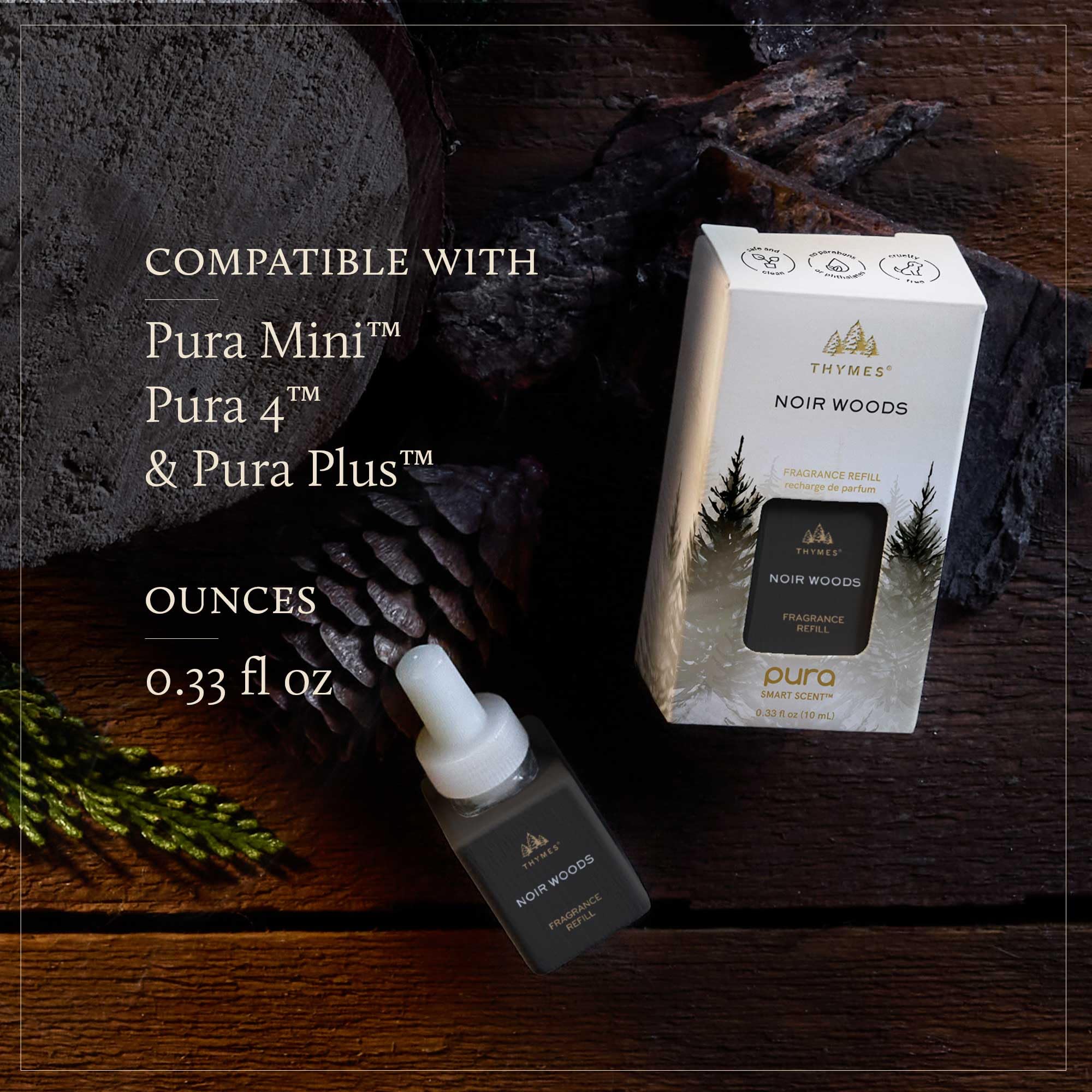 Thymes Pura Nachfüllpackungen – 2 Stück Öldiffusor-Düfte – langanhaltende Pura-Diffusor-Nachfüllpackungen – Premium-Raumduft – Noten von frischem Immergrün, Rauchholz & goldenem Bernstein (Noir Woods