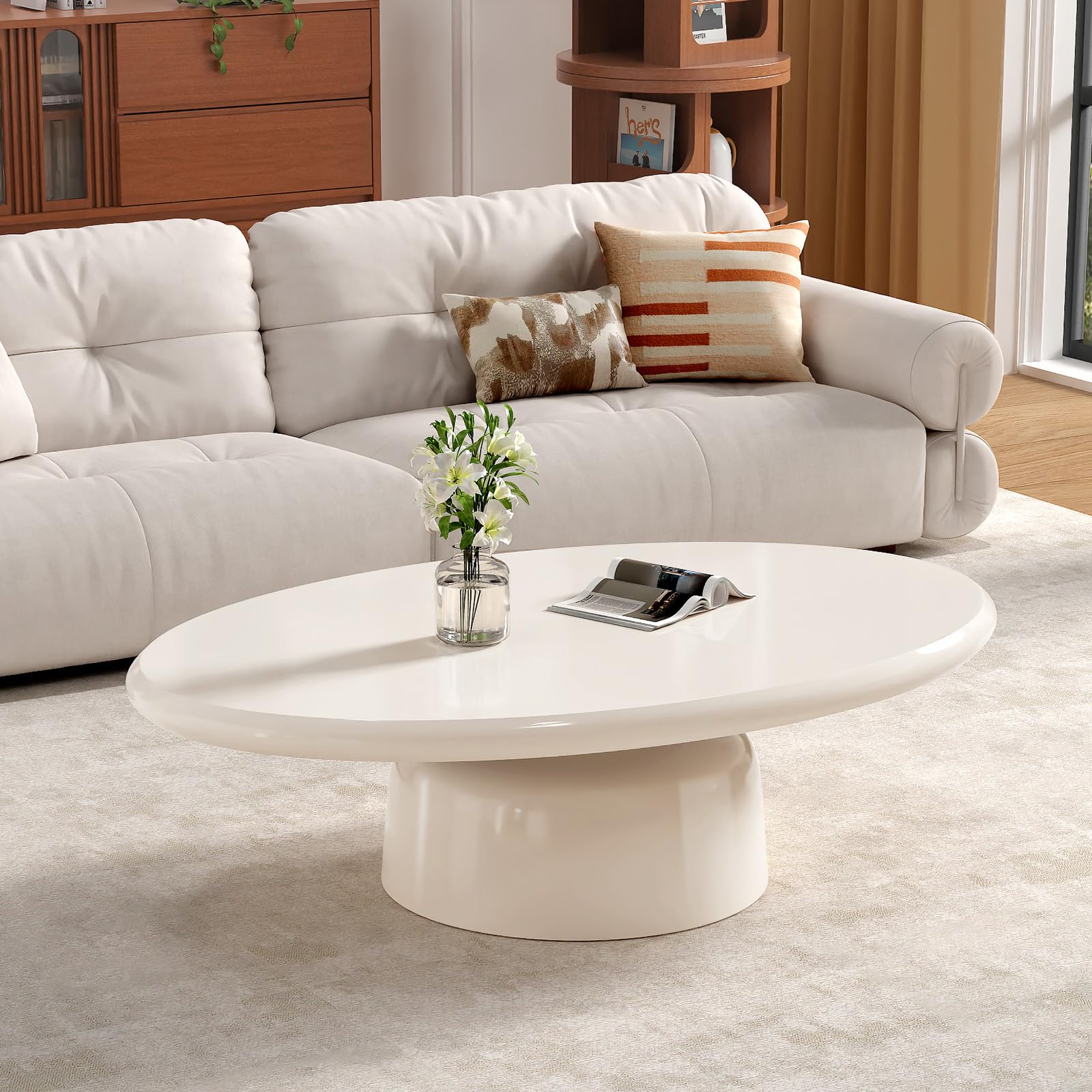 FeiZhiYanS 45.7" Cream Oval Coffee Table with Stable Pedestal