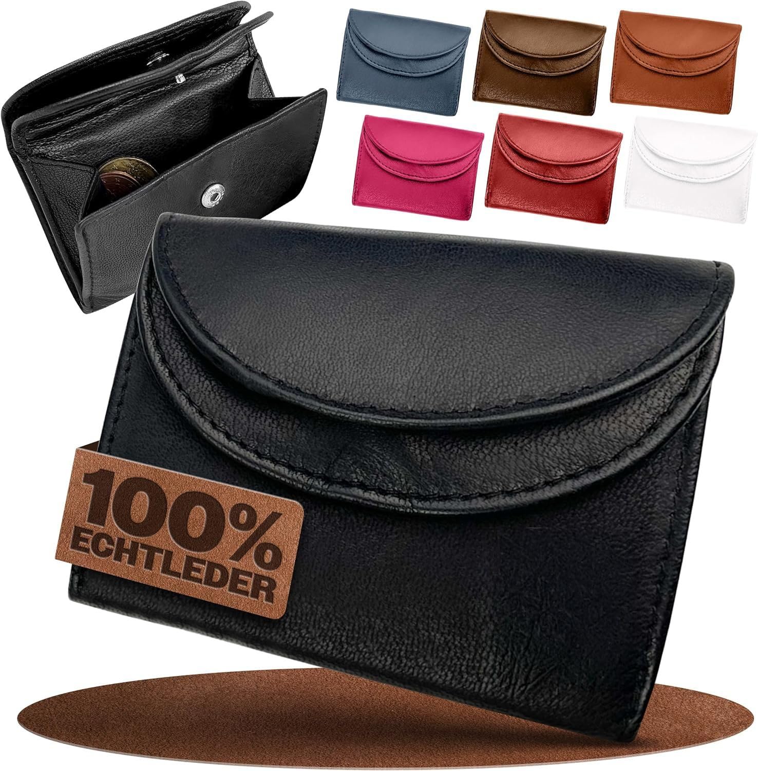 FLEXIBILITE Kleines Portemonnaie Damen aus Echtleder – Mini Geldbörse mit RFID Schutz – 9 x 7 x 2 cm – Kompakte Börse 2 Kartenfächern & Münzfach – Portmonee für Herren Kinder – Onyxschwarz