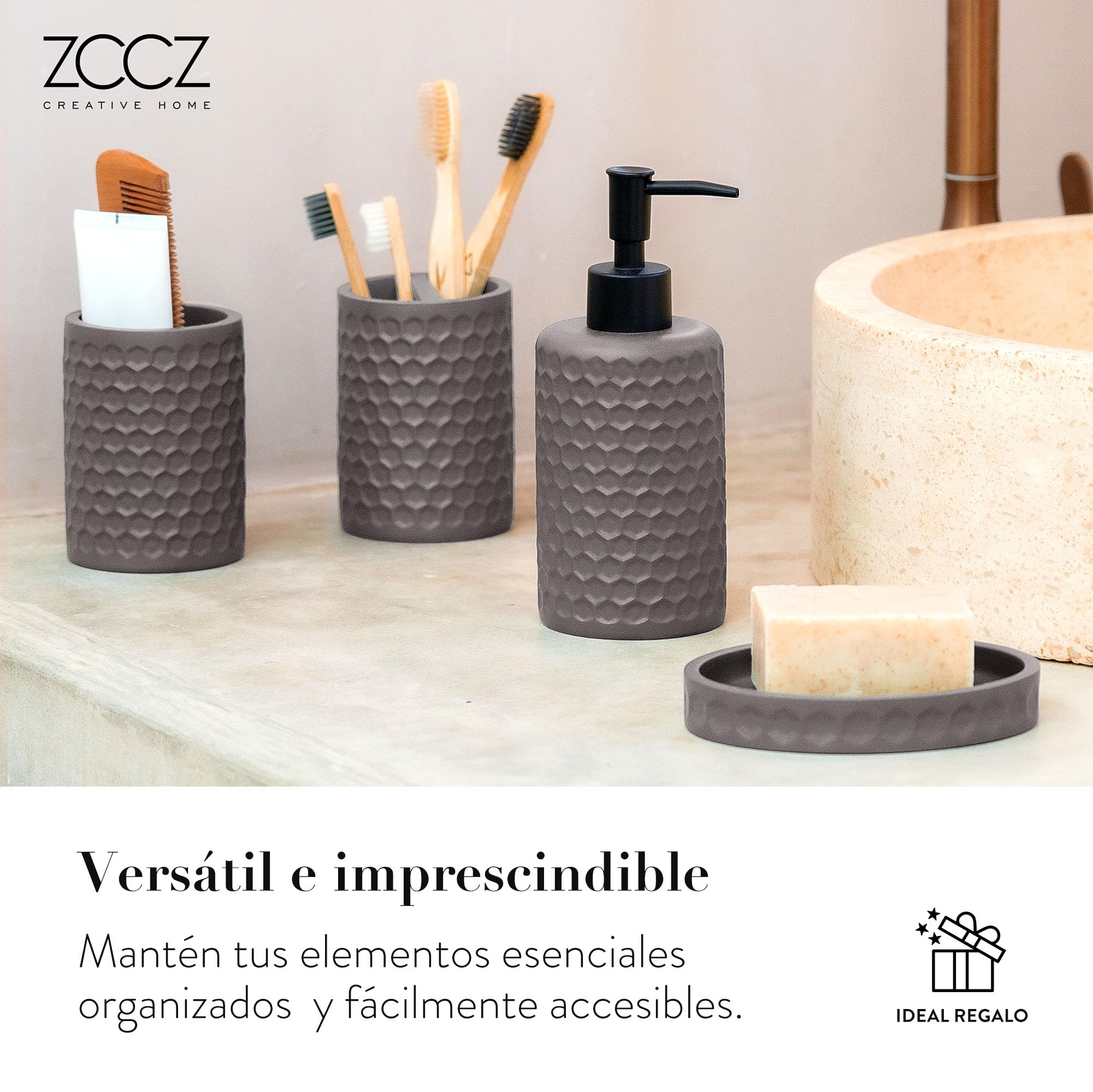 ZCCZ Juego de 6 Piezas de Accesorios de Baño Gris Cálido con Soporte de Cepillo de Dientes, Dispensador de Jabón, Bandeja de Bajón, Cubo Basura, Vaso de Baño y Escobilla, Juego de Baño Completo