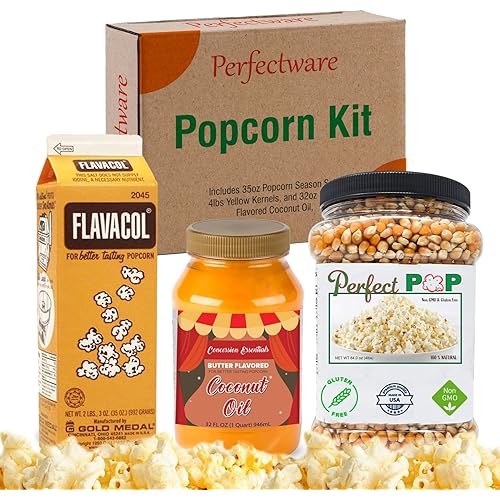 Perfectware Popcorn Kit- (Includes 35oz Popcorn Season Salt, 4lbs Yellow Kernels, and 32oz Butter Flavored Coconut Oil, Plain,PW-Popcorn Kit-3