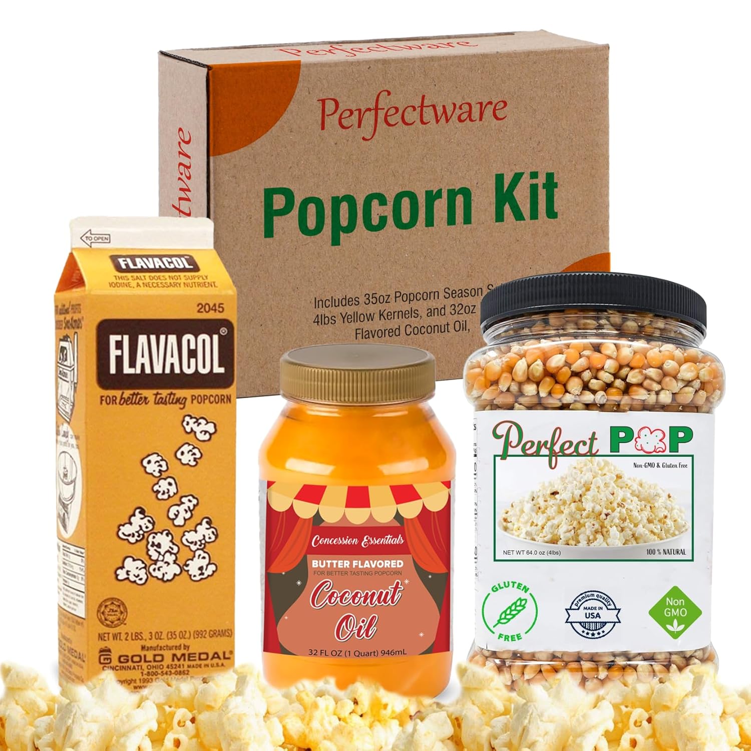 (EXP 03/26/2026) Perfectware Popcorn Kit- (Includes 35oz Popcorn Season Salt, 4lbs Yellow Kernels, and 32oz Butter Flavored Coconut Oil, Plain,PW-Popcorn Kit-3 21.33 Ounce (Pack of 3)