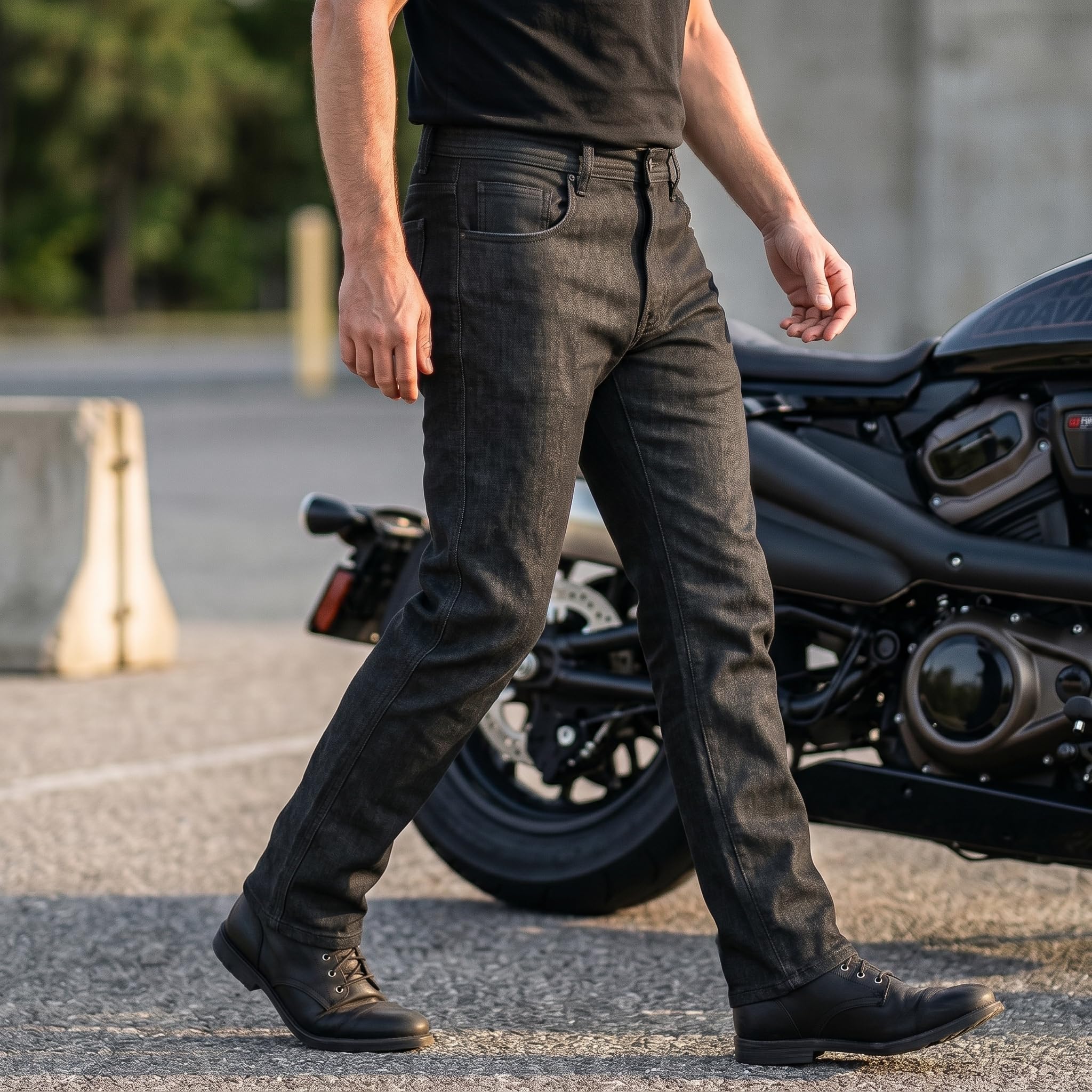 Leatherick Herren CE-zertifizierte Schutzjeans aus Denim – Einlagige Jeans, strapazierfähige Motorradjeans mit Knie- und Hüftprotektoren