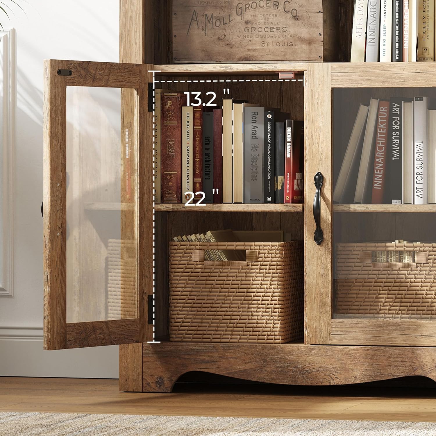 LINSY Bookshelf with Doors, 6 Shelf Bookcase Tall Bookshelves, 73" Farmhouse Book Shelf with Storage Cabinet, Wood Book Shelves for Living Room, Bedroom, Office, Rustic Brown