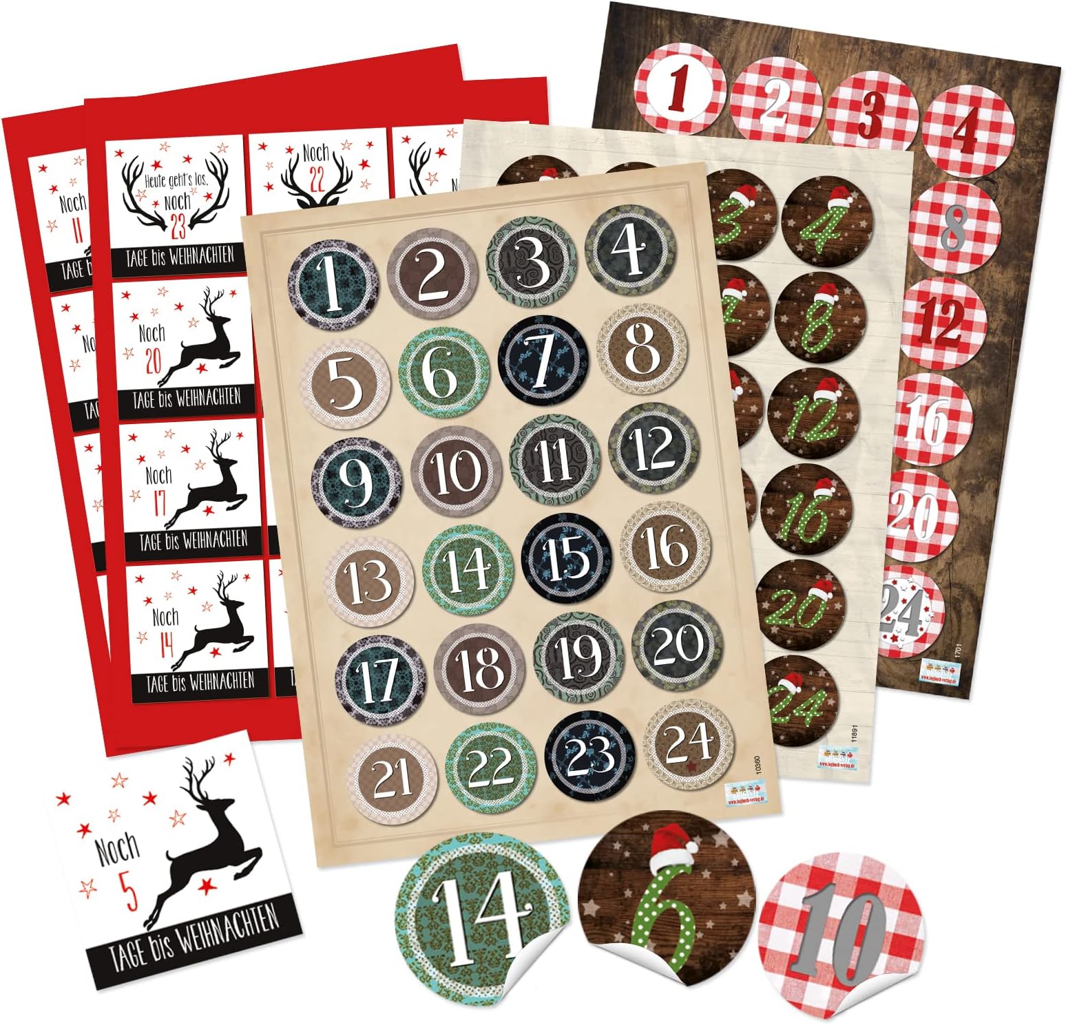 Adventskalender Zahlen-Aufkleber – 10 Sets Mit Weihnachtsmotiven (je 1-24) – Selbstklebend Zum Basteln & Dekorieren