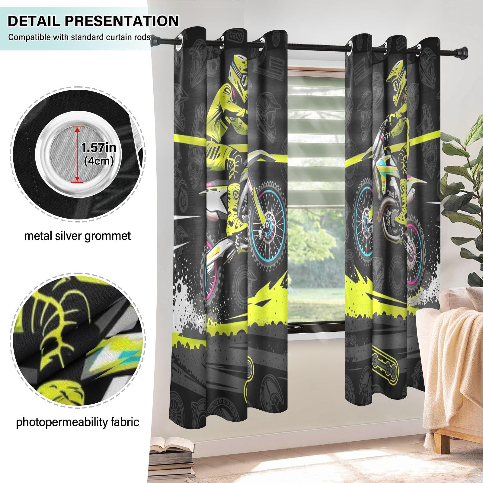 Cortinas decorativas de lino para dormitorio, estilo retro, para motocicleta, motocross, 160 cm de largo, oscurecimiento de la habitación, juego de 2 paneles