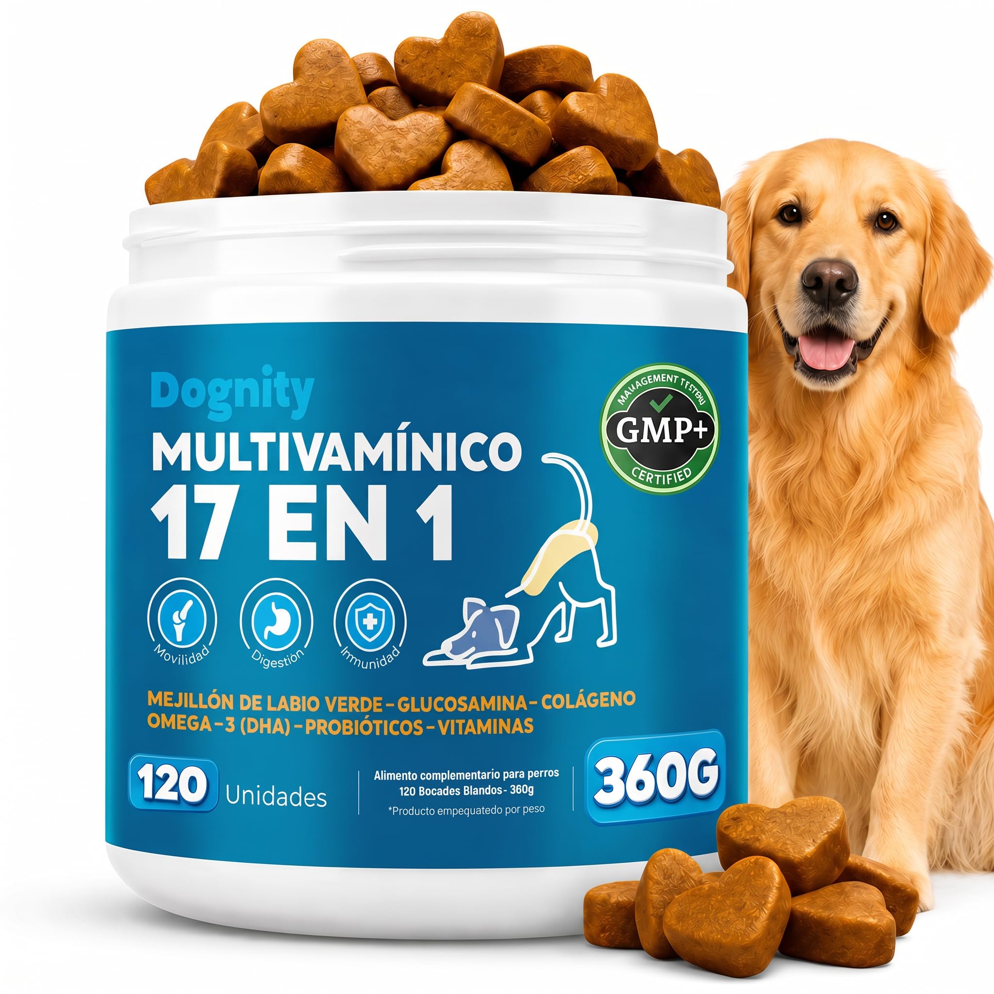 Multivitamínico 17 en 1 Perros 120 Bocados Glucosamina Probióticos 360g | Suplemento completo para perros 17 nutrientes un solo bocado textura blanda con toma diaria con glucosamina y colágeno.
