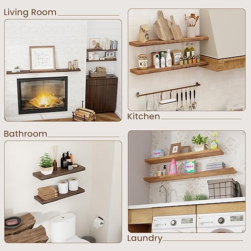 Miniatura 7 de Estantes flotantes para decoración de pared, estantes flotantes rústicos de madera maciza de olmo con borde vivo, estantes de pared con soporte