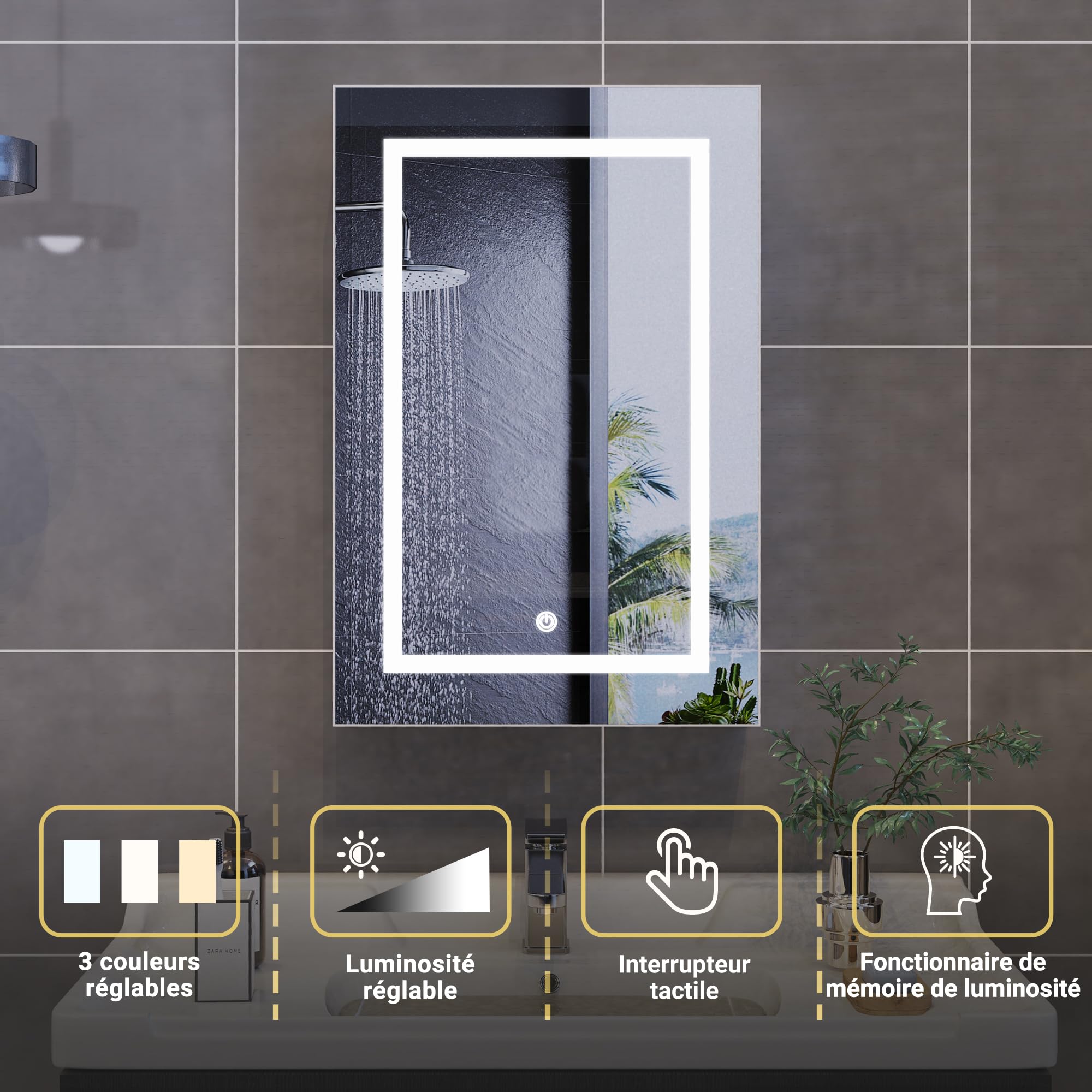 Espejo de baño con iluminación, armario de baño de una puerta con luz y estantes ajustables, armario de baño, 70x50cm, espejo LED, IP54 a prueba de agua, control táctil, espejo de pared (blanco-una