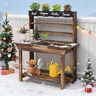 Costzon Kids Potting Bench, Wood Toy Gardening Center with 4 Pots, Chalkboard, Removable Sink, Storage Shelves, Mud Kitchen for Kids Outdoor Play Kitchen, Gift for Boys Girls 3+