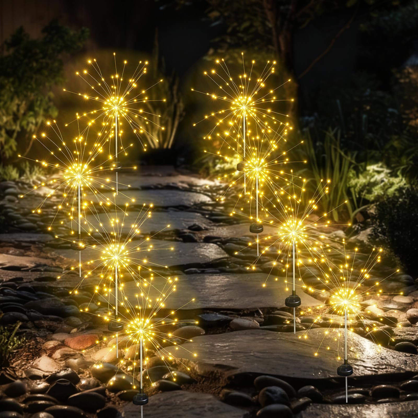 Solar Garden Firework Lights Outdoor Waterproof, 8 Pack Solar Lighting with 8 Lighting Modes, 120 LED Sparklers String Lights for Outside Decor Yard Pathway Decorations(Warm)