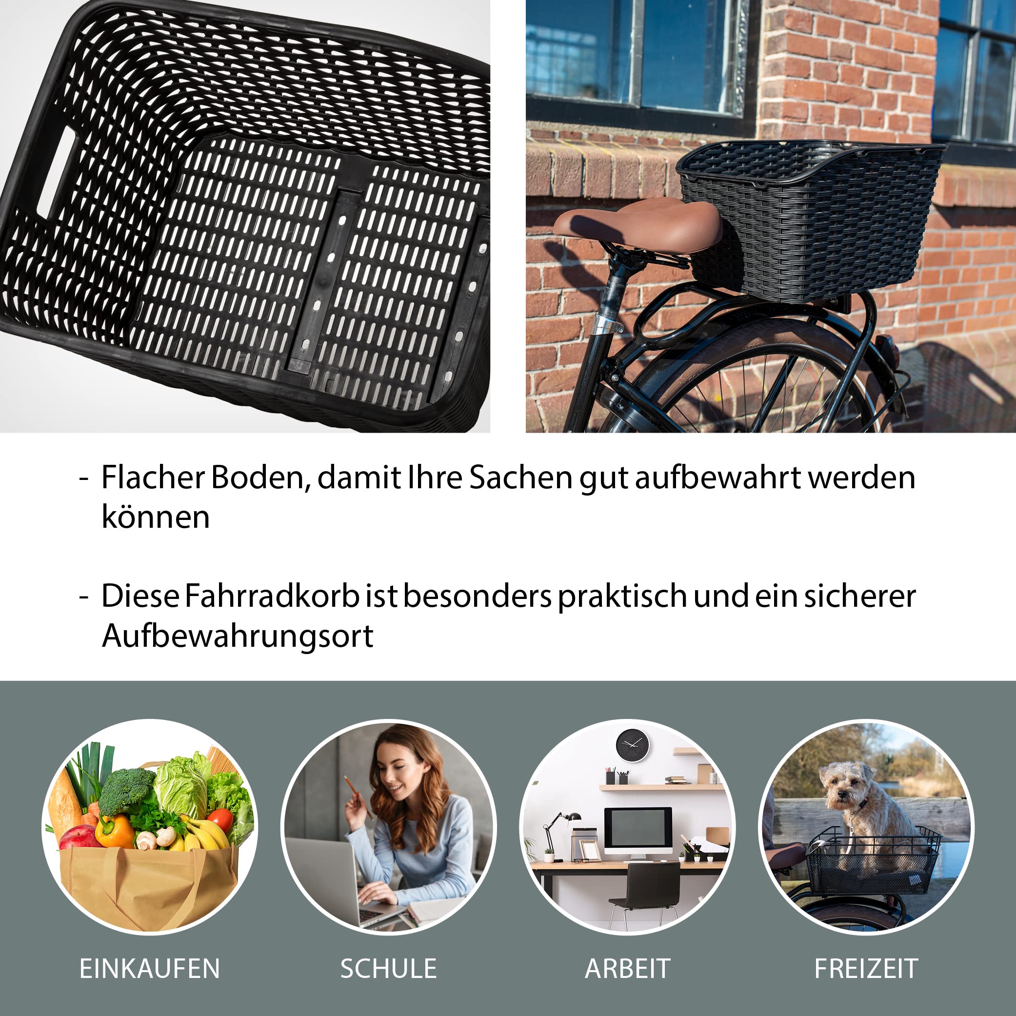 FAST RIDER Dante Fahrradkorb Schulranzen Hinten, 27L Korb für Heckträger, Bike Basket aus Plastikgeflecht, Inklusive Montage, Wetterbeständig - Schwarz