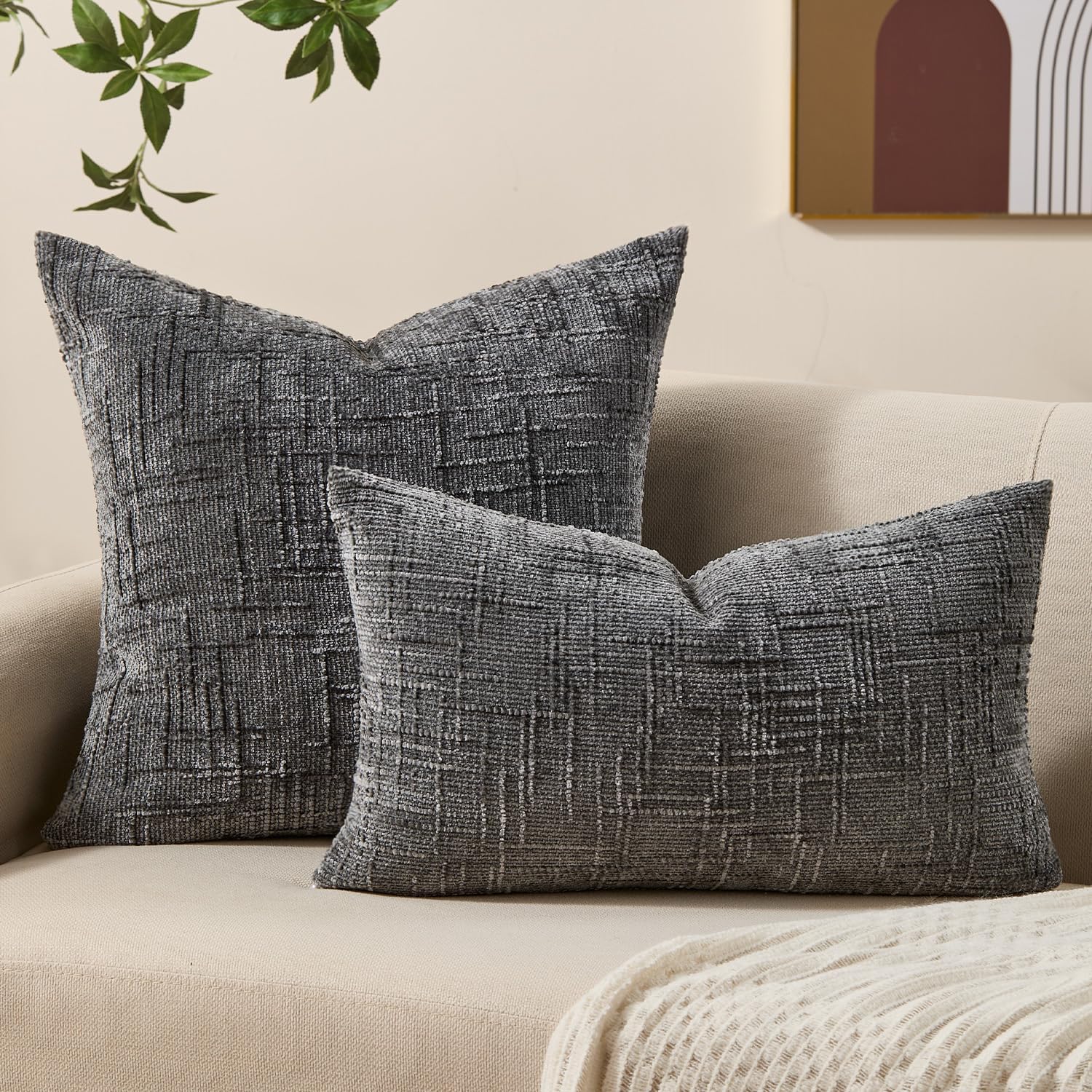 Allorry Decorative Couch Throw Pillow Covers 24x24 Set of 2 Dark Gray Soft Chenille Pillow Covers Neutral Textured Boho Cushion Covers for Modern Farmhouse Sofa Bedroom Living Room Decor SY008-E24