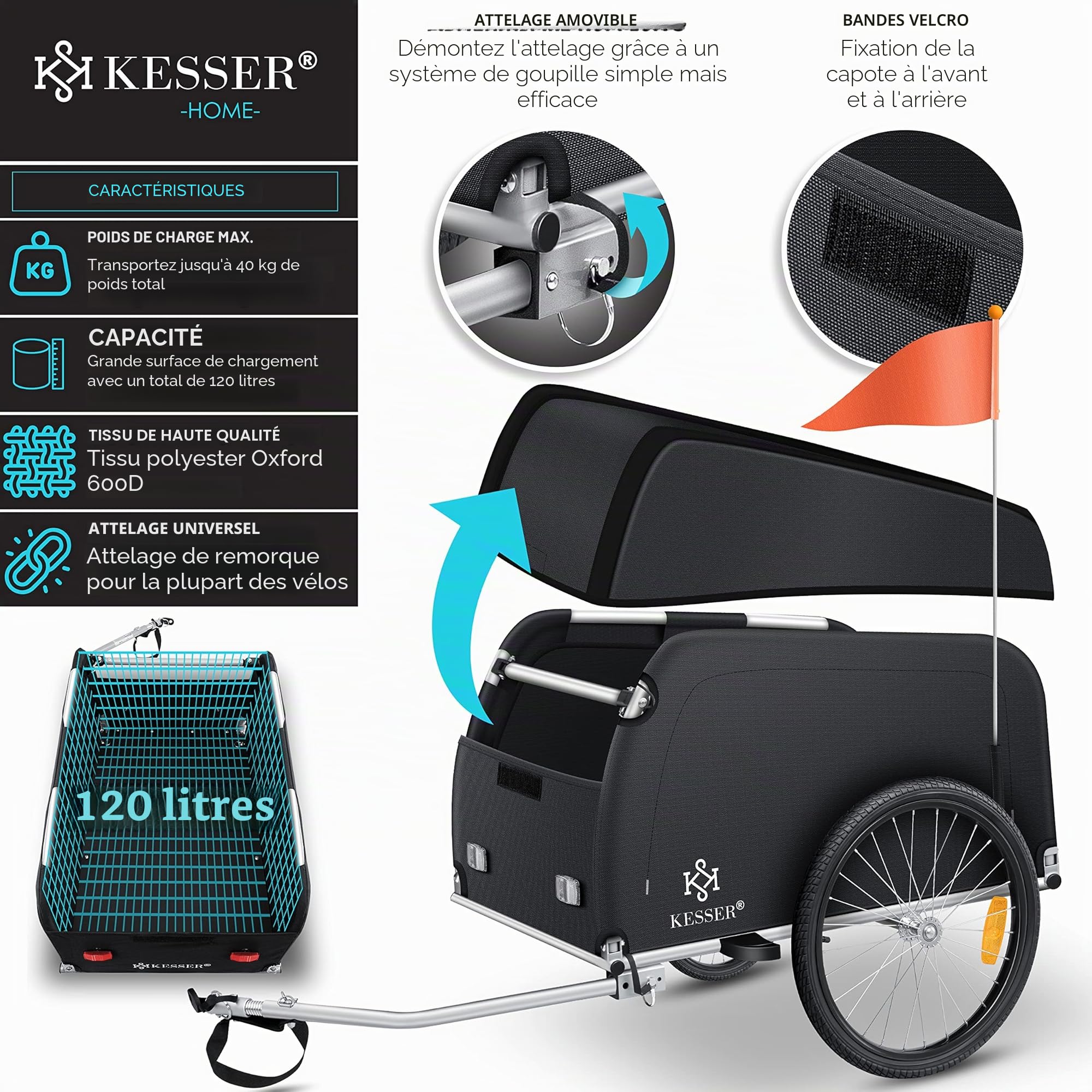 KESSER® Remorque de vélo Remorque de Transport Remorque à Timon Haut avec attelage, Couvercle Inclus Fonction Pliante Timon Haut Remorque pour vélo Boîte de Transport de 120 litres Max. 40 kg