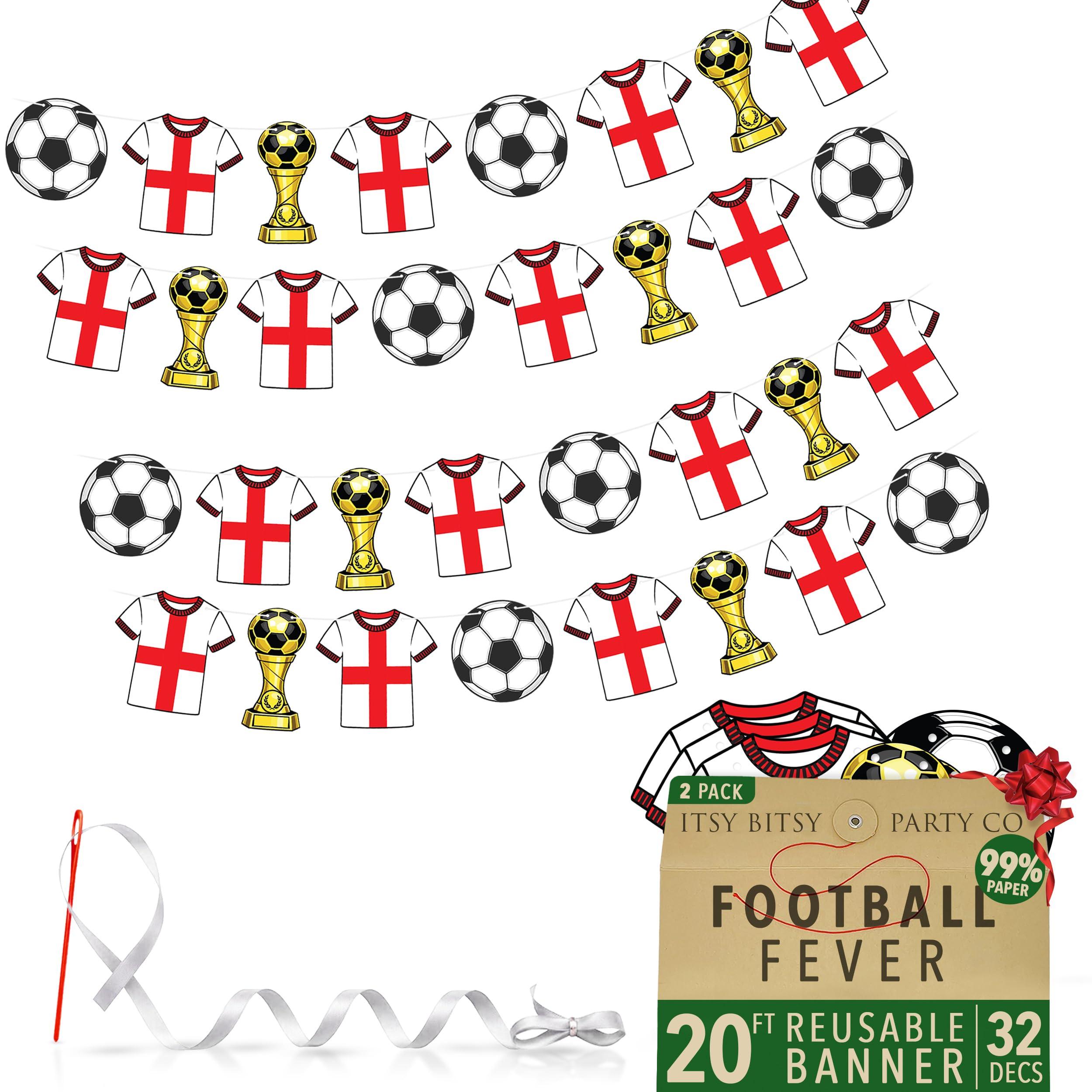 Premium Reusable England Bunting - 32 pcs World Cup Bunting 2026-20ft Double-sided Paper England Banner - World Cup Decorations 2026, Football Party Banner