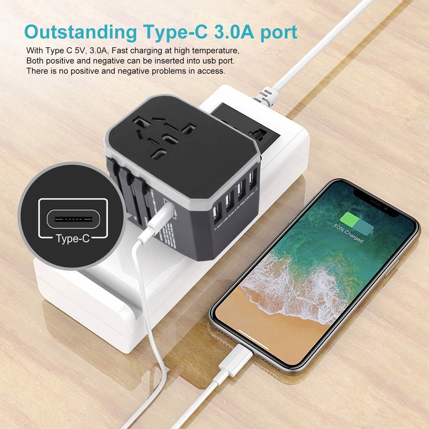 Adaptateur Prise Universelle Voyage 4 USB + Type-C + AC - Compatible Monde Entier