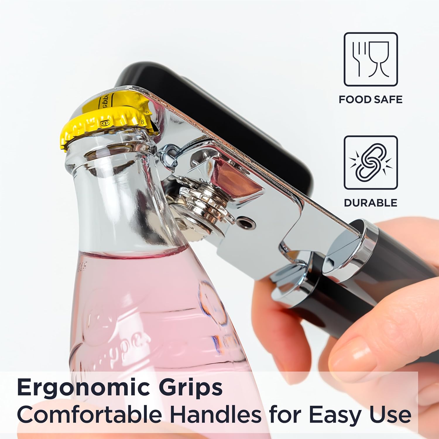 Image showing the Deiss PRO can opener being used to open a bottle, highlighting the integrated bottle opener feature.