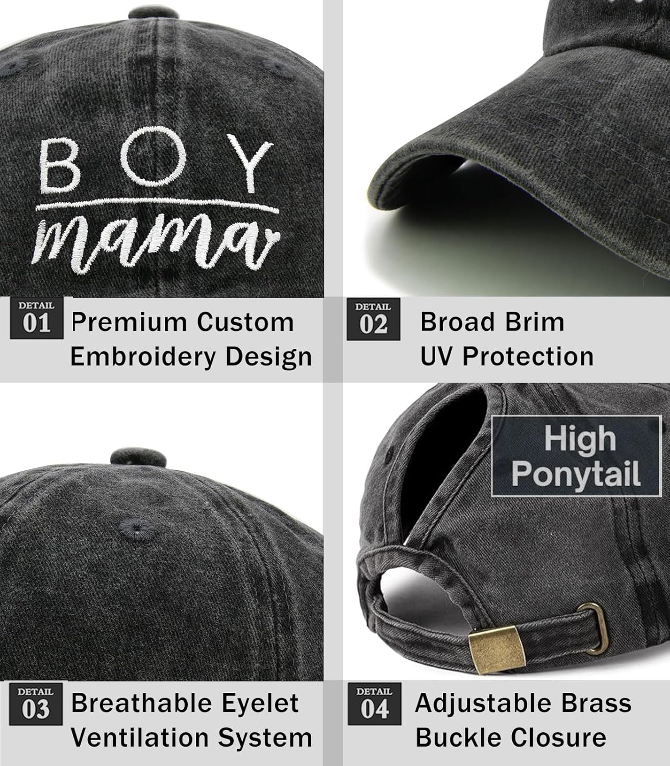 Boy Mama Ponytail Hat, Adjustable Washed Distressed Twill Plain Baseball Cap for Women Funny Gift for Mothers Day - Image 4