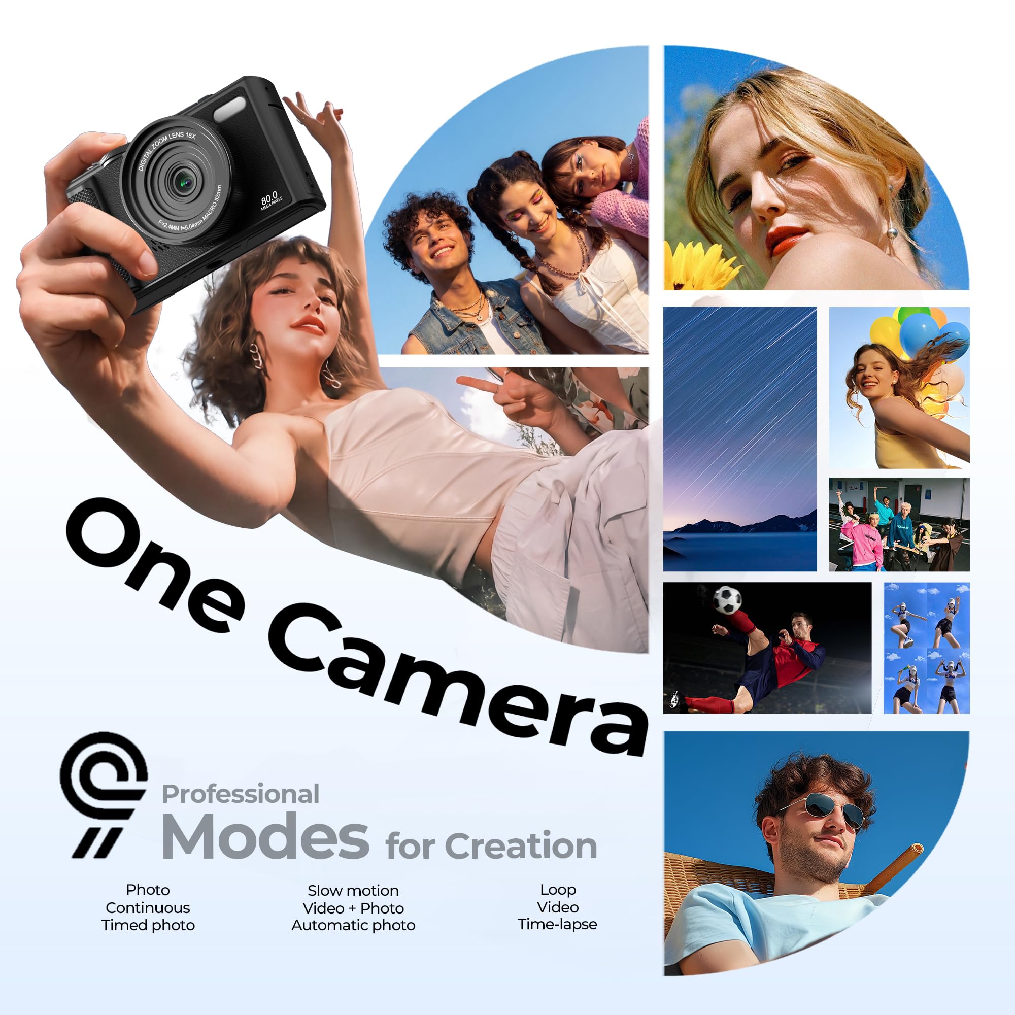 Fotocamera digitale 5K WiFi e fotocamera fotografica 80 MP, fotocamera vlogging per YouTube con messa a fuoco automatica, schermo pieghevole da 3" a 180°, zoom digitale 18x, fotocamera da viaggio per