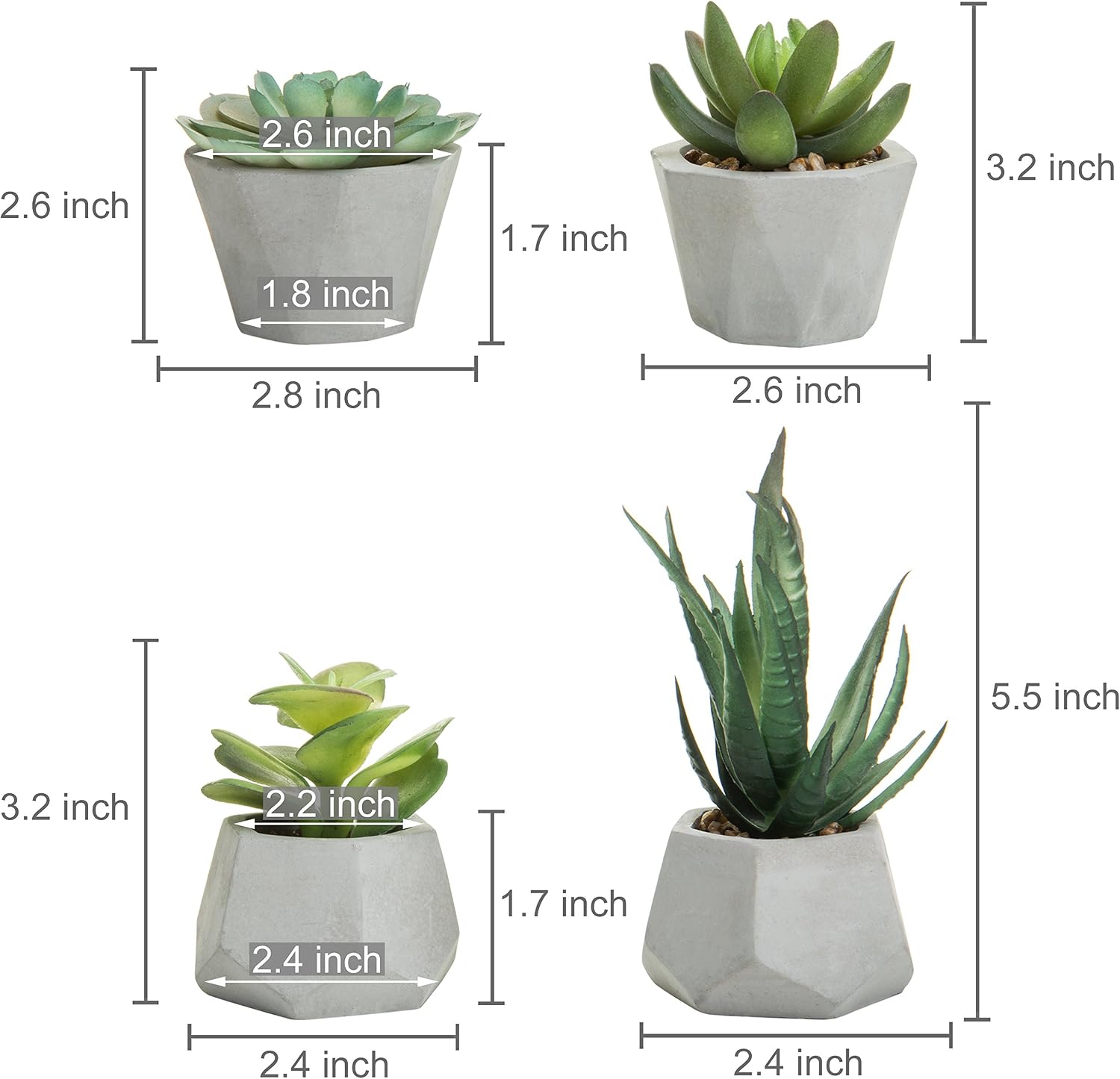 MyGift Set of 4 Mini Assorted Desktop Decorative Artificial Fake Succulent Plants in Modern Gray Geometric Clay Planter Pots