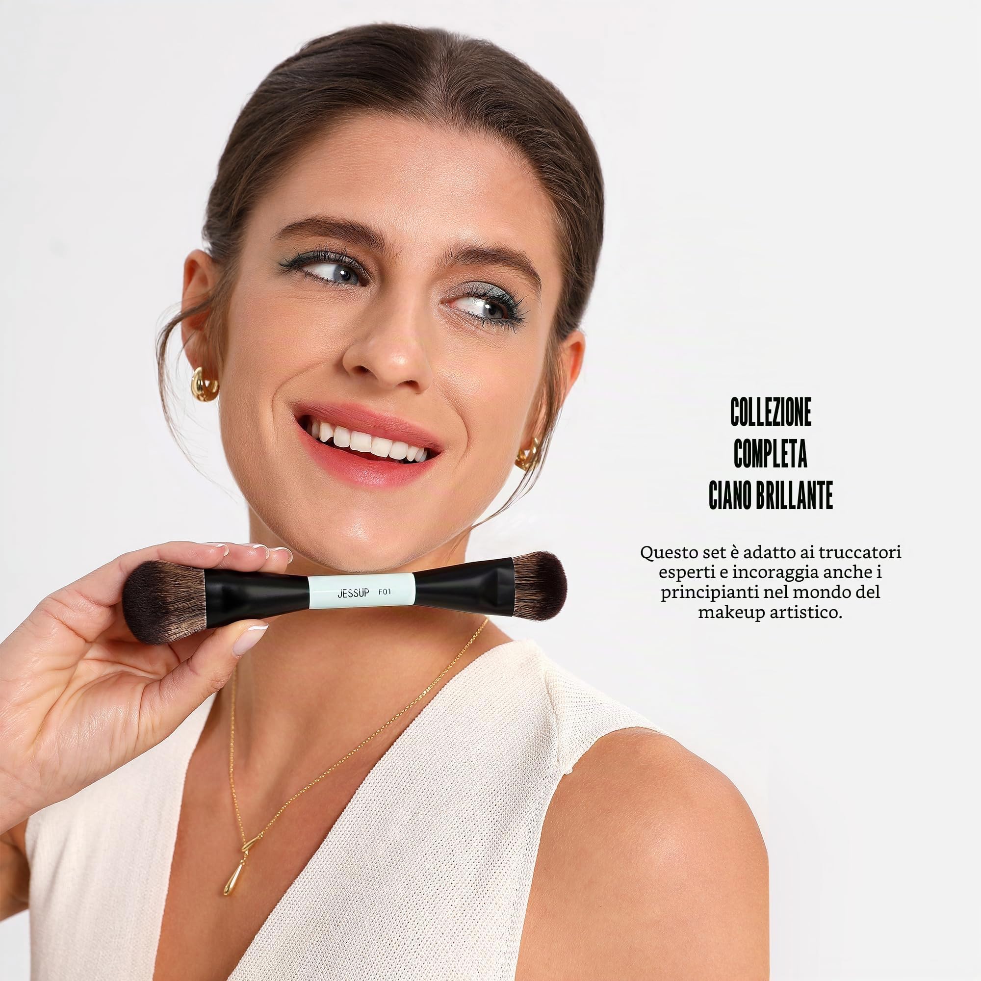 Jessup pennelli trucco, 10pz pennelli make up, 14-in-10 duo-end pennelli collezione versatilità, fondotinta polvere ombretto contorno occhi eyeliner evidenziatore fard pennello, ciano brillante T500