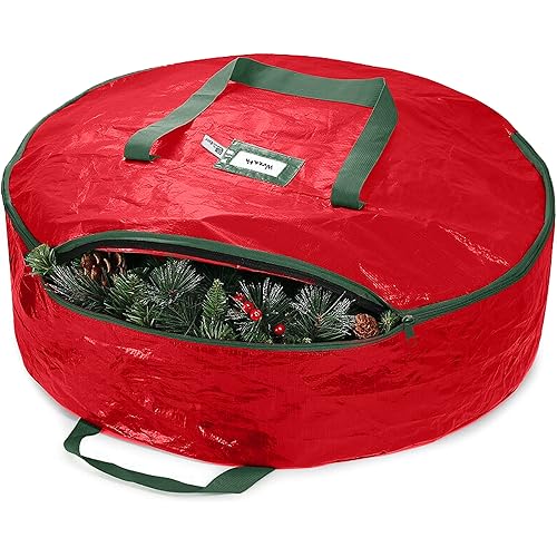 ZOBER Christmas Wreath Storage Container - 36 Inch Wreath Bag for Artificial Wreaths - Dual Zippered Wreath Storage W/Strong, Durable Handles - Red