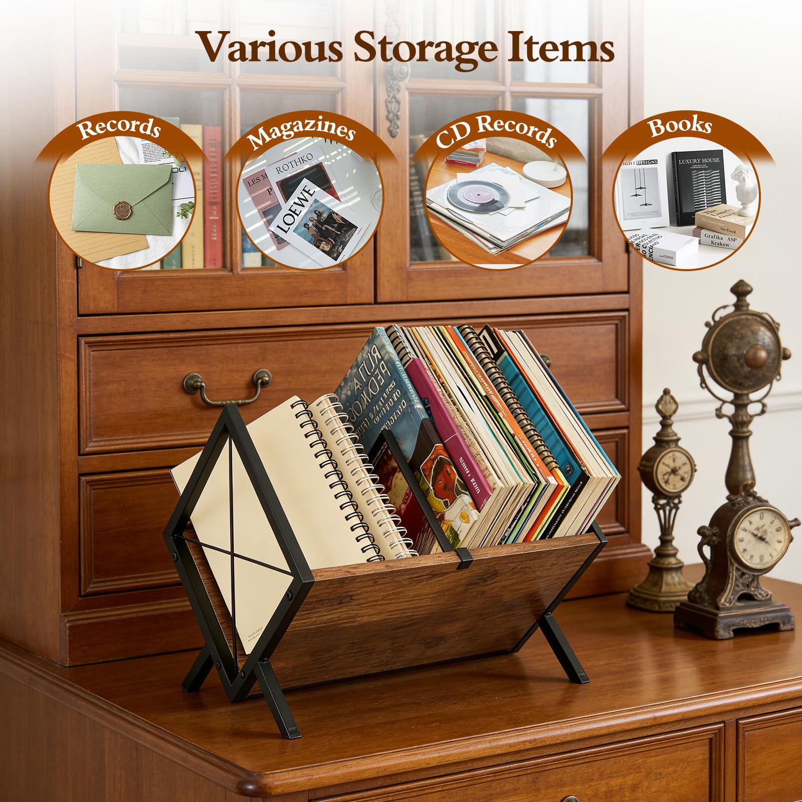 Scaffale in vinile per 80 LPs, combinazione in legno e metallo con divisorio regolabile, portariviste e organizer per CD, album, libri, per soggiorno, ufficio
