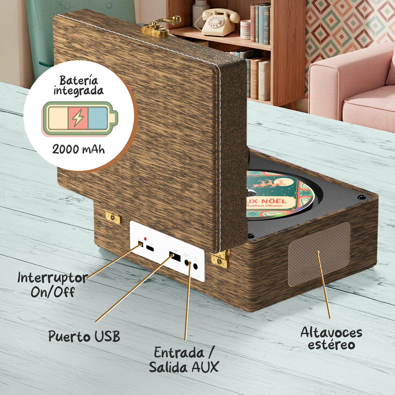 KLIM Retro CD Player – Reproductor CD portátil con Altavoces, Receptor Bluetooth, AUX, USB, Batería Recargable, Diseño Retro, Mini Cadena Compacta para Casa y Música – Madera