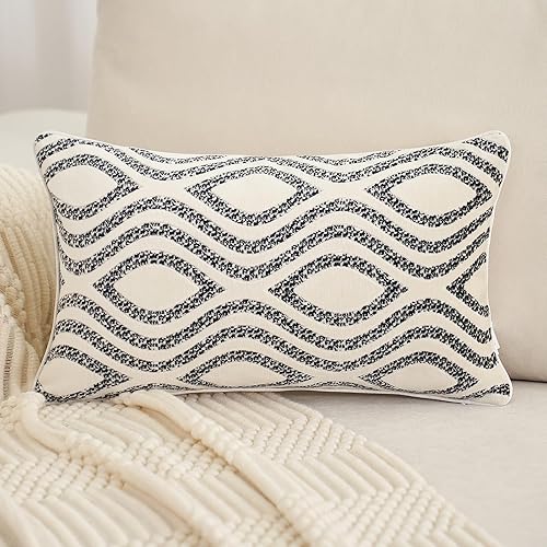 Aeckself Funda de almohada rectangular de 12 x 20 pulgadas, diseño de rayas onduladas, color blanco y negro, funda de almohada decorativa de