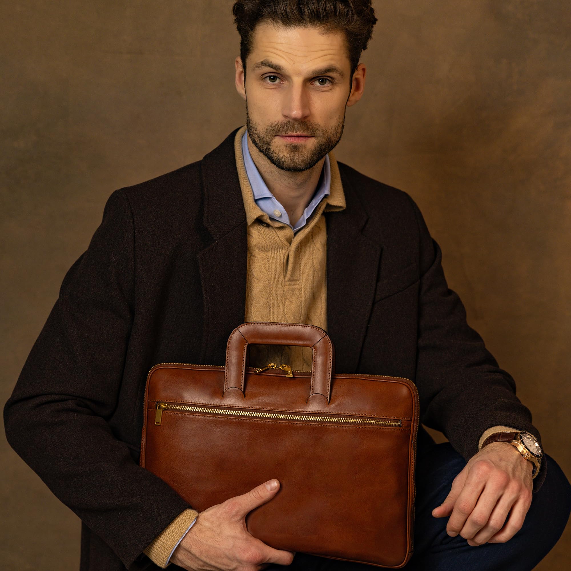 Time Resistance Mallette en Cuir Mince - Sac d'Ordinateur en Cuir Italien Fait à la Main - Sac pour Ordinateur Portable