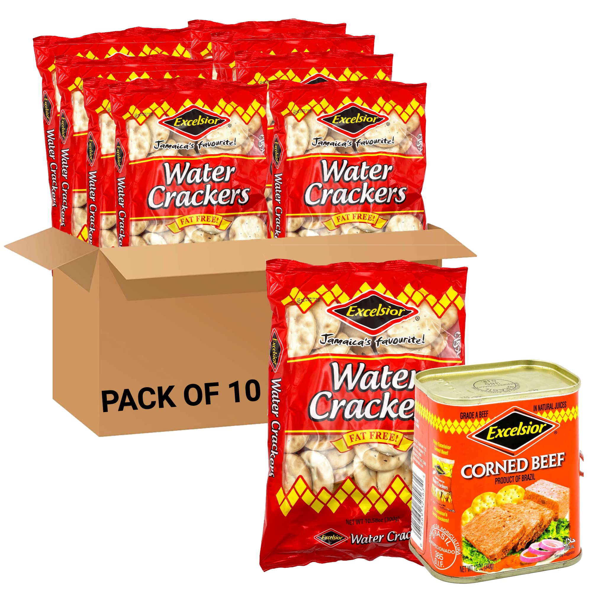 (aug 22/2024)Excelsior Water Crackers, 10.58 oz (Pack of 10) + EXCELSIOR Corned Beef in Natural Juices, 12 Ounce