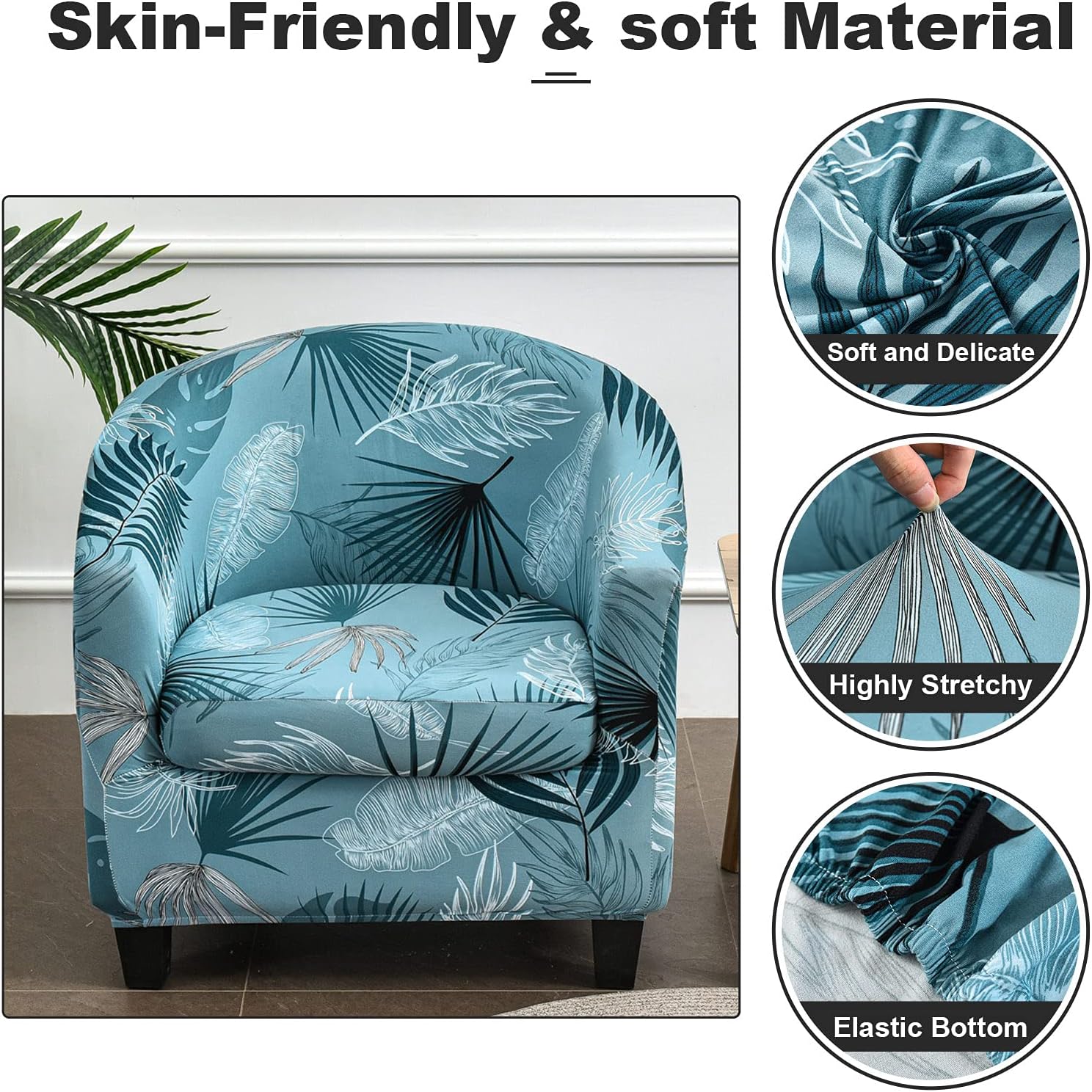 ele ELEOPTION Stretch Club Chair Slipcover 2-Piece Tub Chair Cover Non Slip Furniture Protector with Elastic Bottom Super Soft Couch Cover for Hotel Bar Counter Living Room (Blue Leaf)