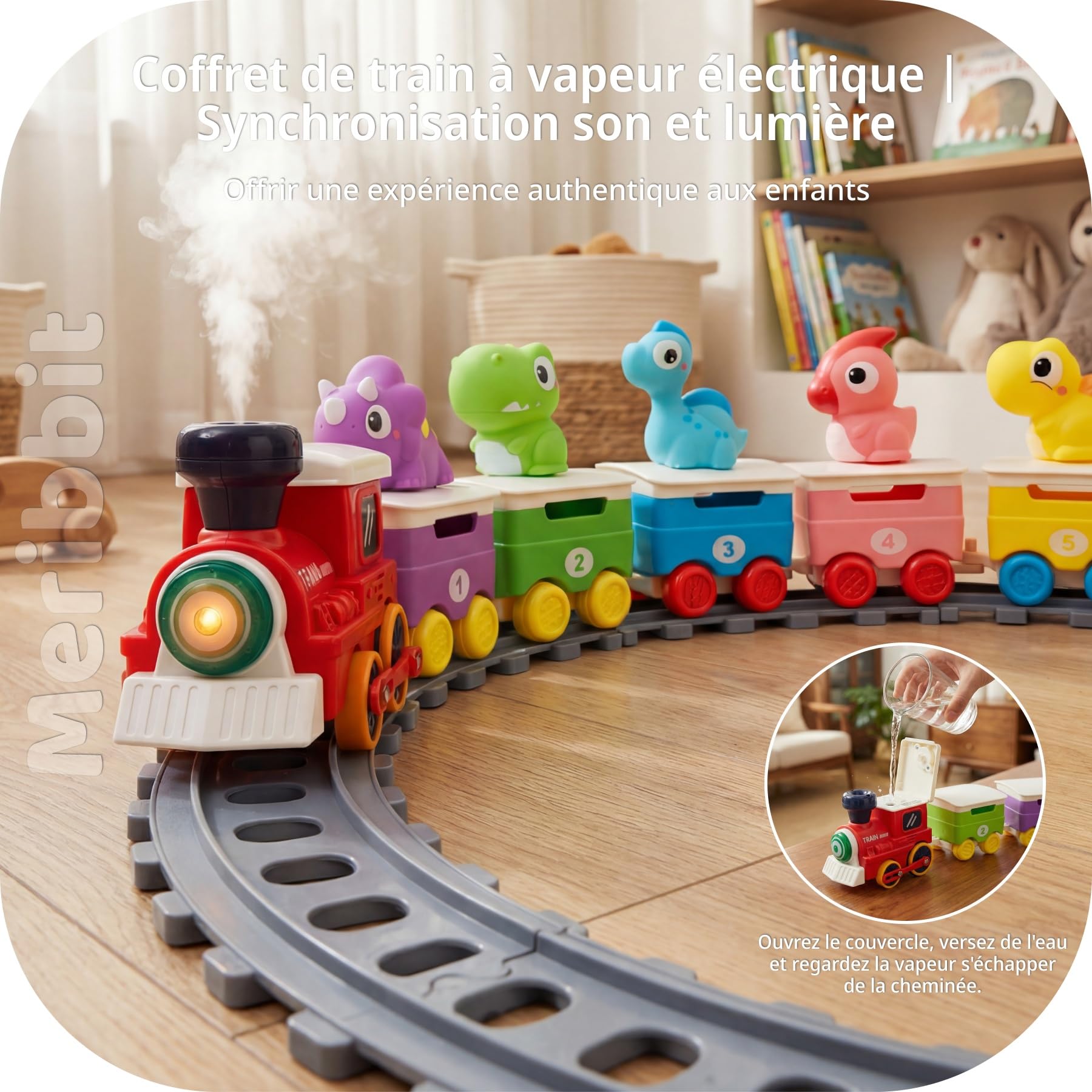 Train Enfant avec Rails, Lumière & Effet Vapeur, Marionnettes à Doigts Dinosaures, Jouets Montessori Sensoriels, Jeu Éducatif pour Enfant 2 Ans, Cadeau 1-3 Ans Fille Garçon