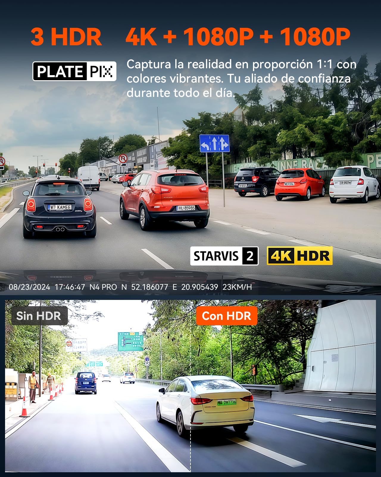 VANTRUE N4 Pro Cámara de Coche WiFi 4K de 3 Canales, Visión Nocturna STARVIS 2 IMX678, 1080P/30FPS, Control de Voz, GPS, HDR, Modo de Estacionamiento 24 Horas, Soporte 512GB Máx.
