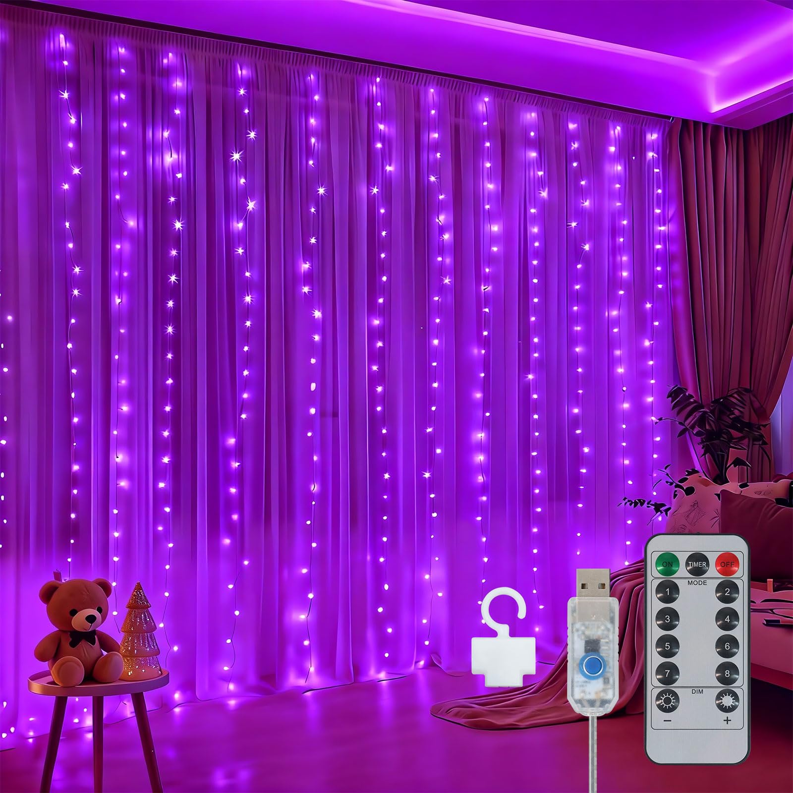 300LED Fairy Curtain Lights 9.8ft x 9.8ft LED Dimmable Twinkle Lights with Remote and Timer USB Plug in 8 Modes String Lights for Bedroom Backdrop Wedding Indoor Wall Christmas Decoration, Purple