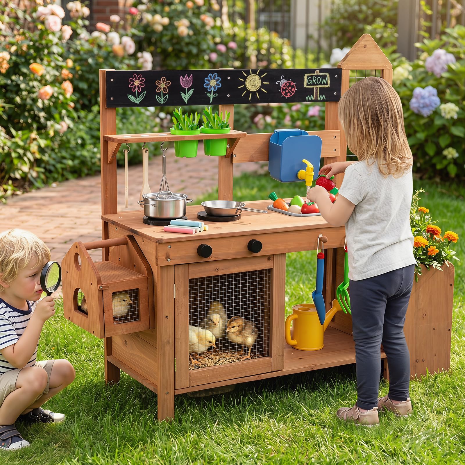 COSTWAY Cucina Giocattolo in Legno per Bambini 3+ Anni, 112 x 40 x 101 cm | Cucinetta Montessori da Esterno con 2 Gabbie, Fioriera, Lavagna e Accessori, con Armadietto, Ripiani e Ganci, Giocare Sabbia